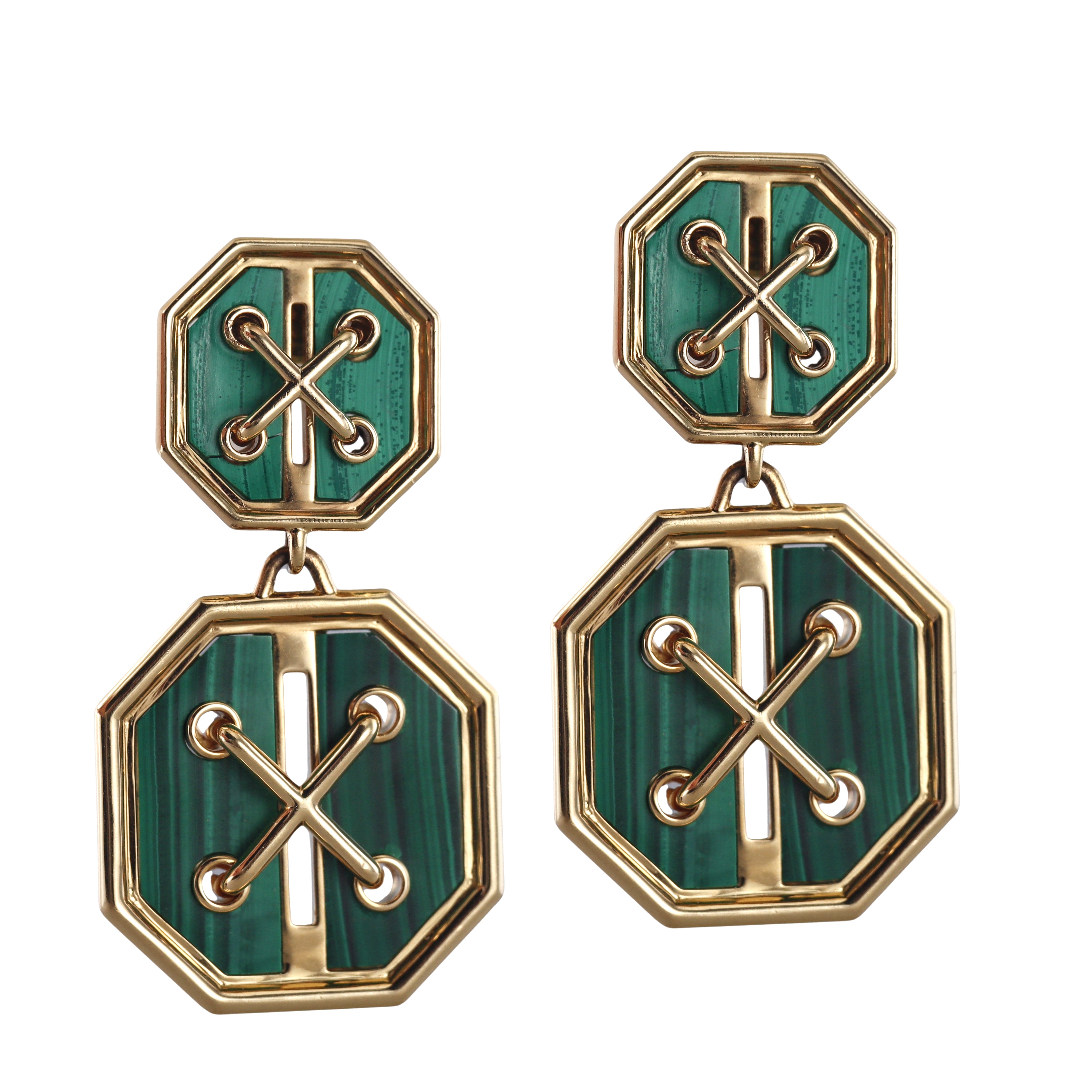 David Webb Malachite Yellow Gold Cross Stitch Earrings