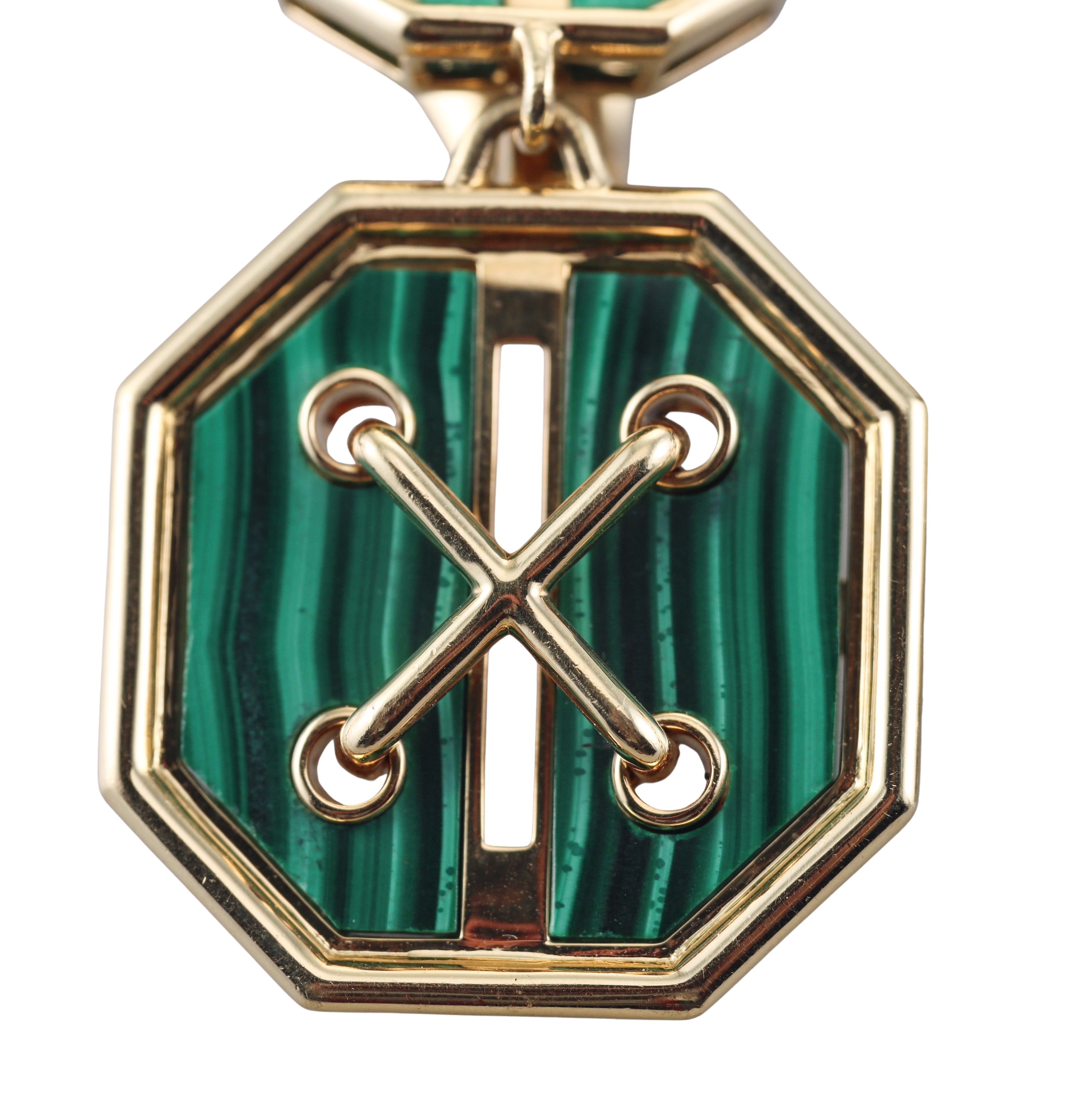 David Webb Malachite Yellow Gold Cross Stitch Earrings