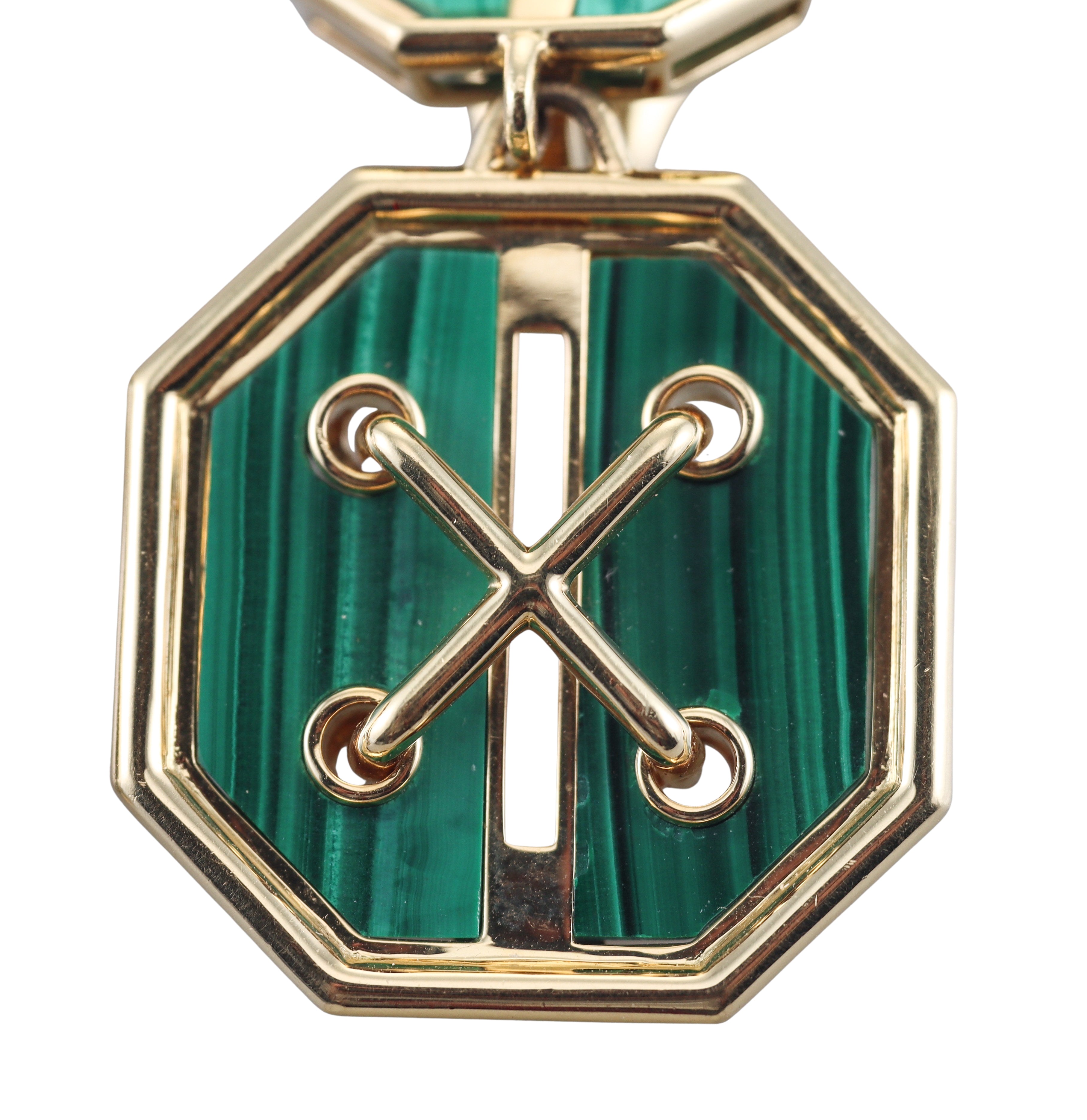 David Webb Malachite Yellow Gold Cross Stitch Earrings