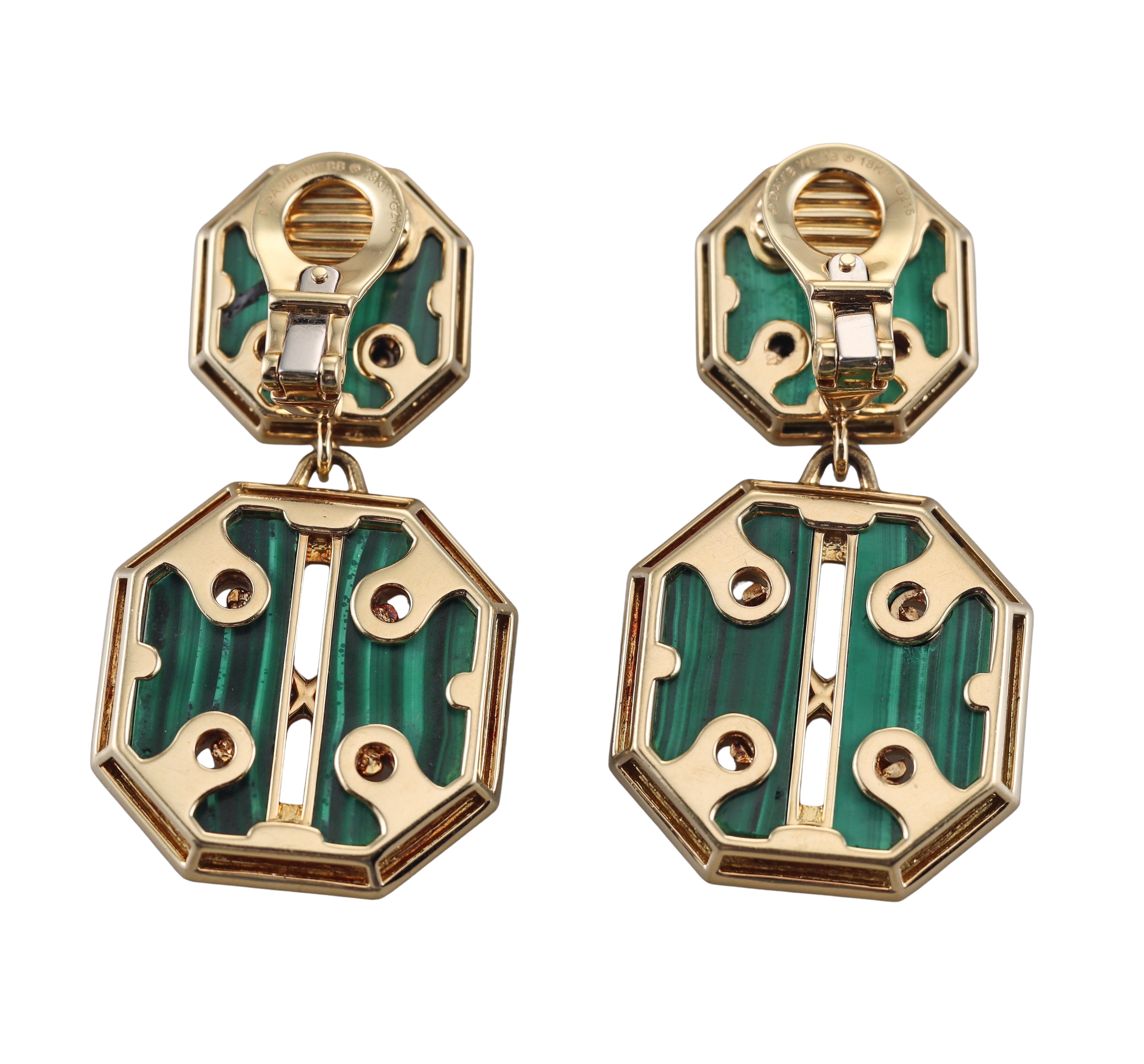 David Webb Malachite Yellow Gold Cross Stitch Earrings
