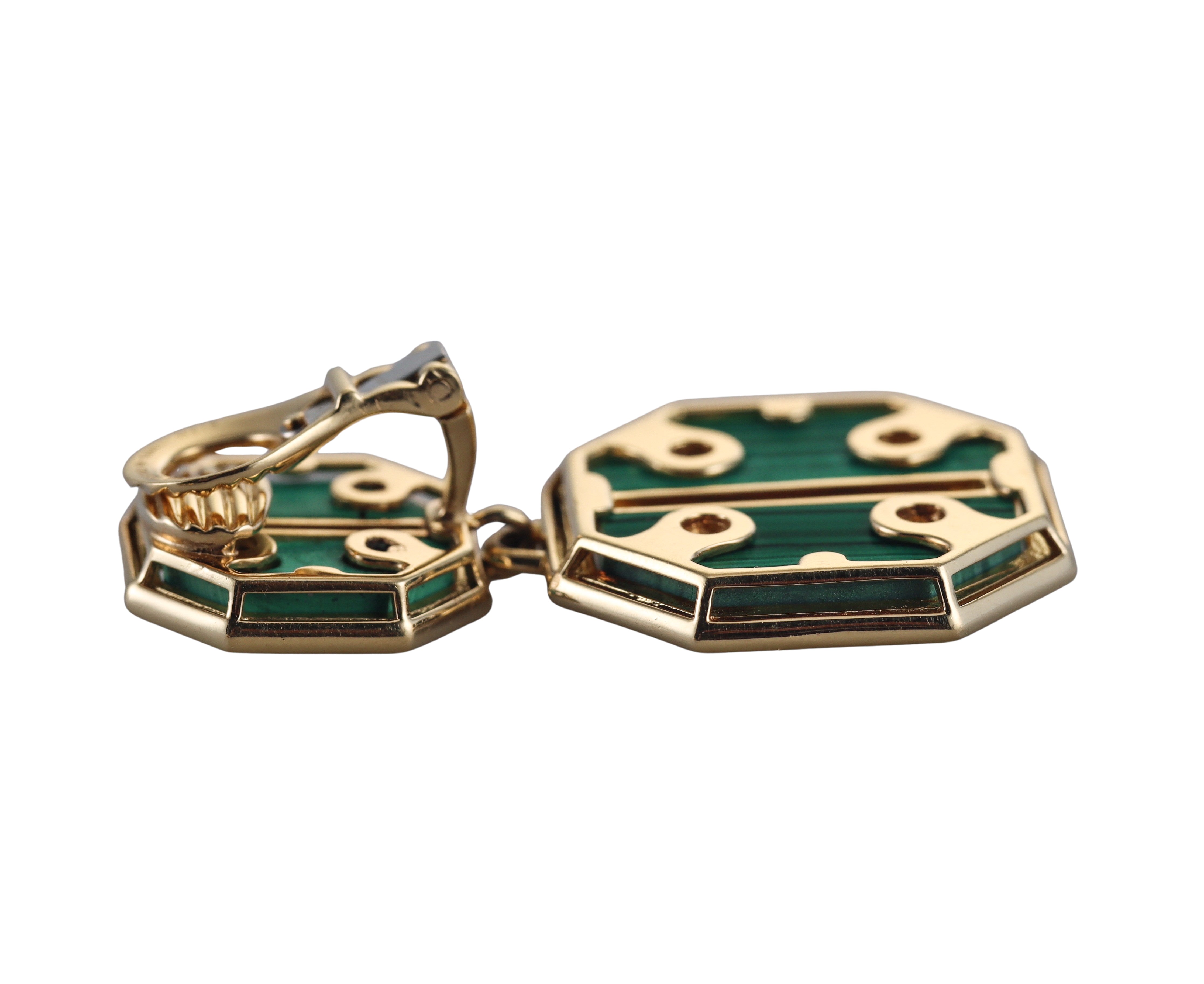 David Webb Malachite Yellow Gold Cross Stitch Earrings