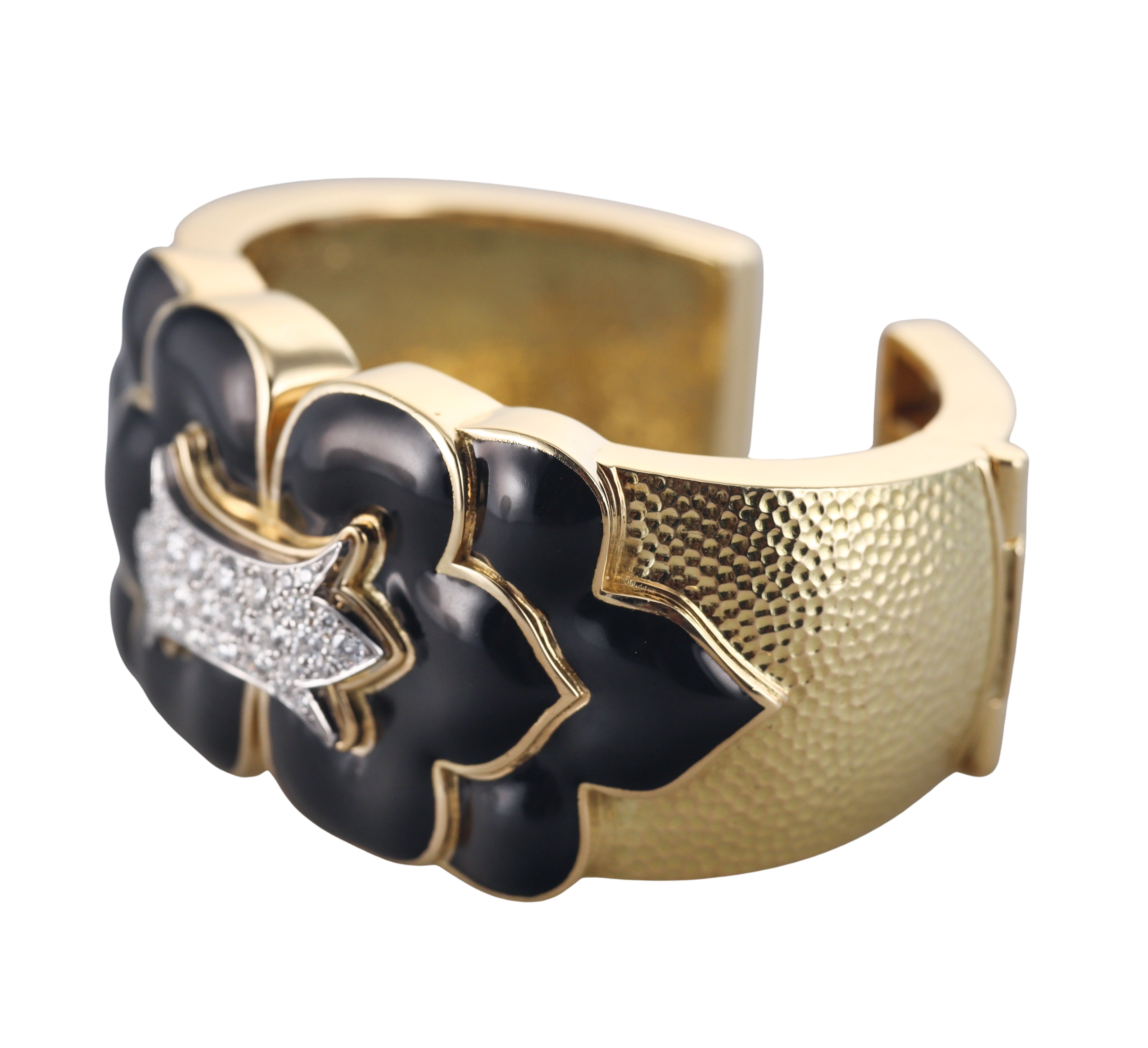 David Webb Trefoil Black Enamel Diamond Gold Platinum Cuff Bracelet