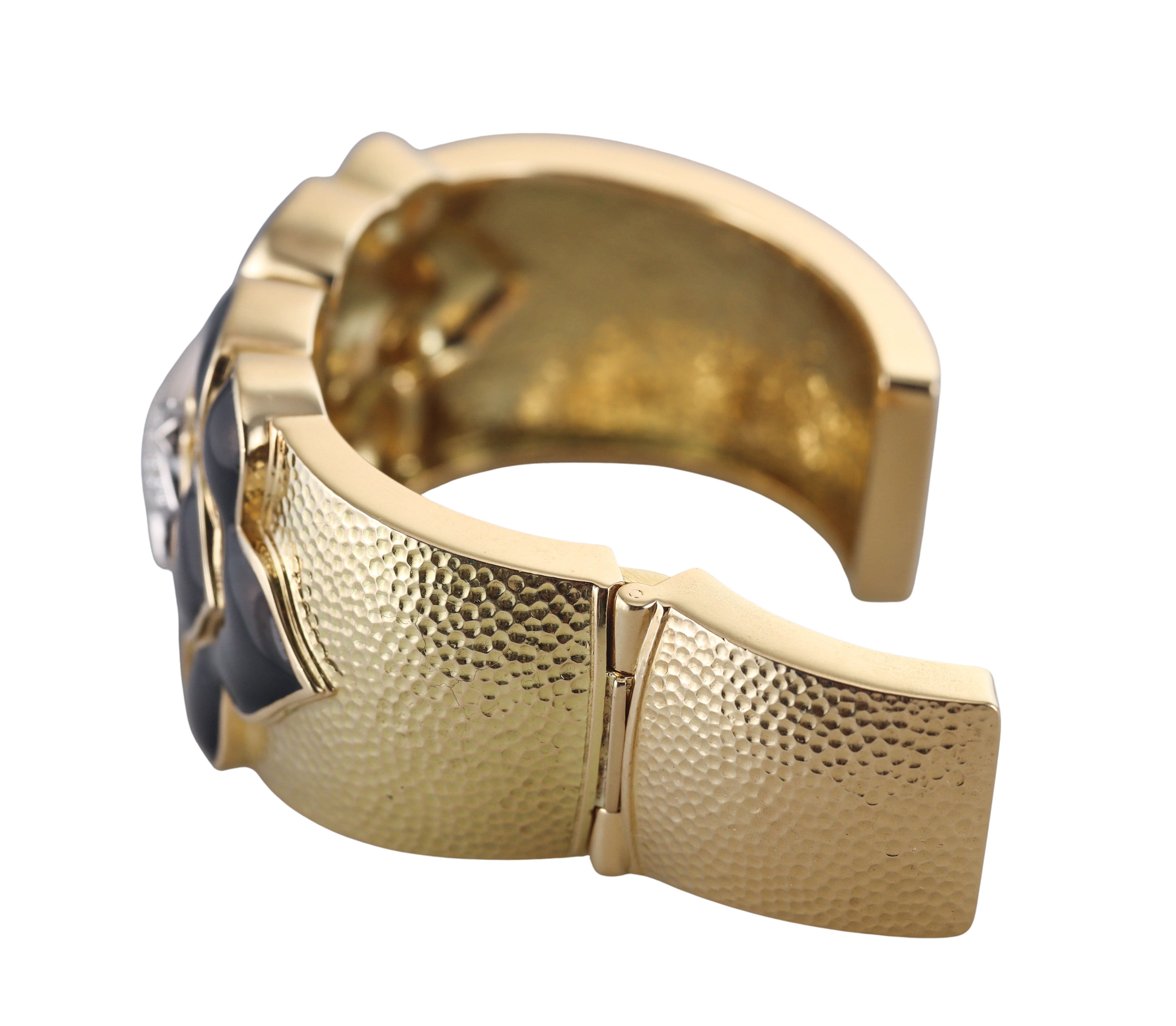 David Webb Trefoil Black Enamel Diamond Gold Platinum Cuff Bracelet