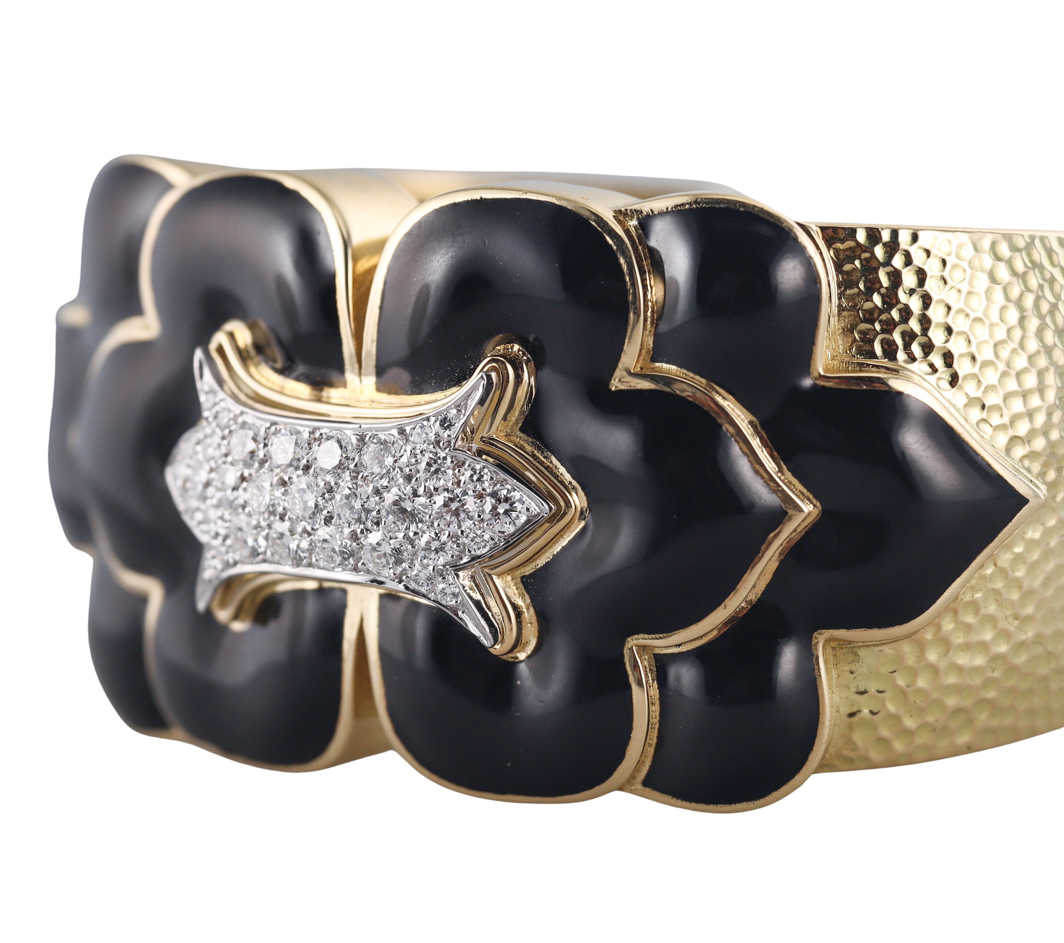 David Webb Trefoil Black Enamel Diamond Gold Platinum Cuff Bracelet