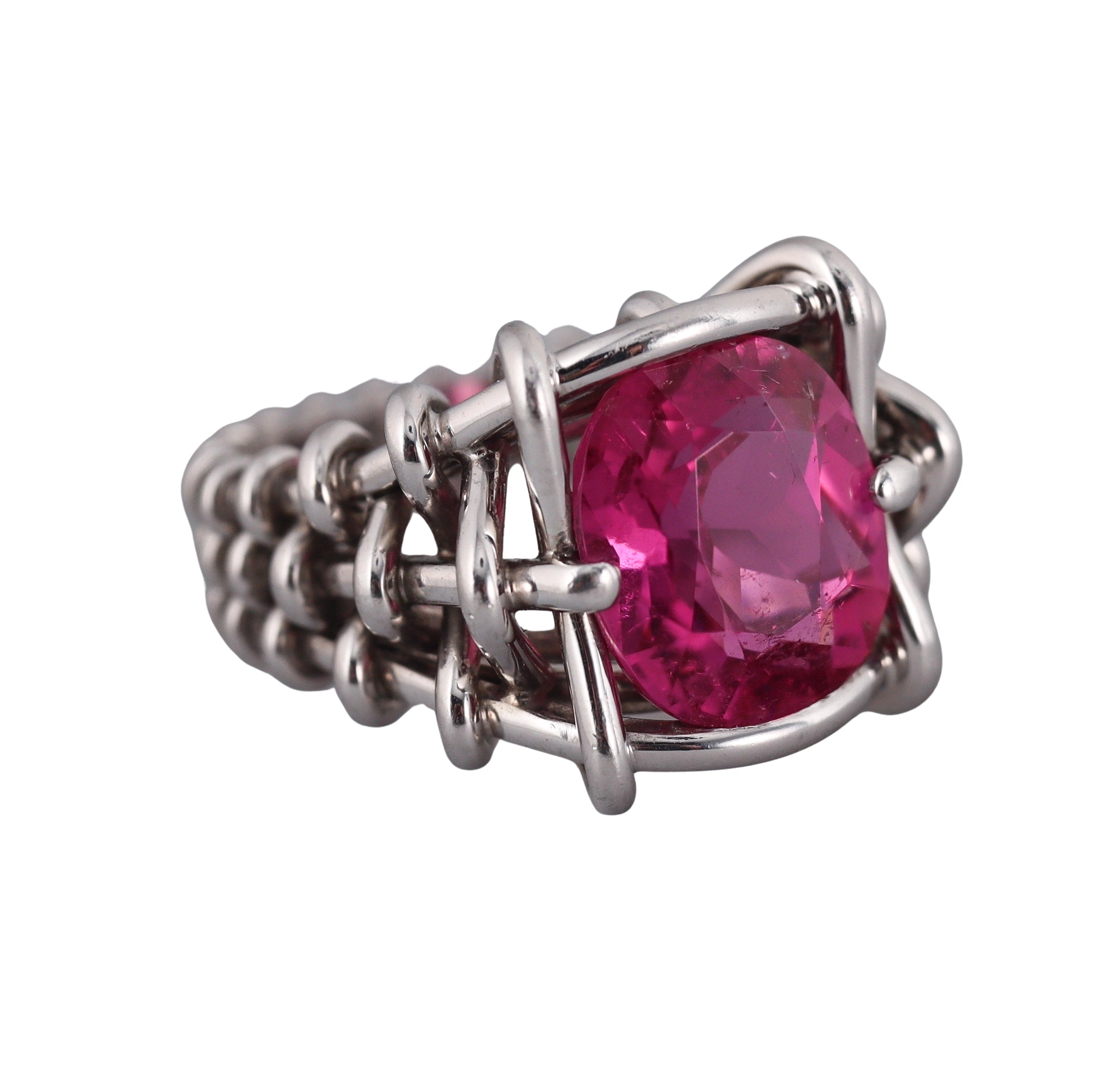 Verdura Pink Tourmaline Platinum Basketweave Ring