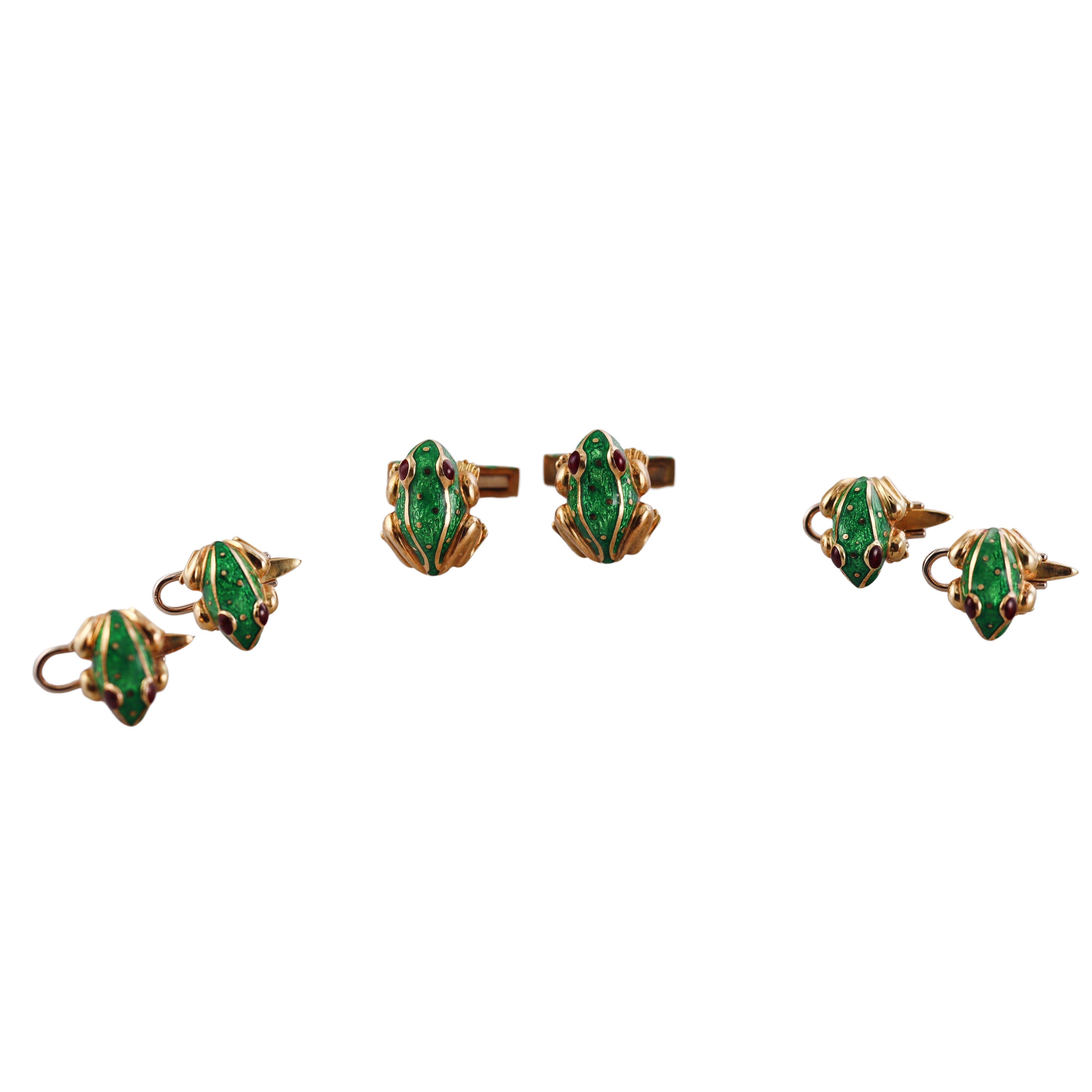 David Webb Enamel Gold Frog Cufflinks Stud Set