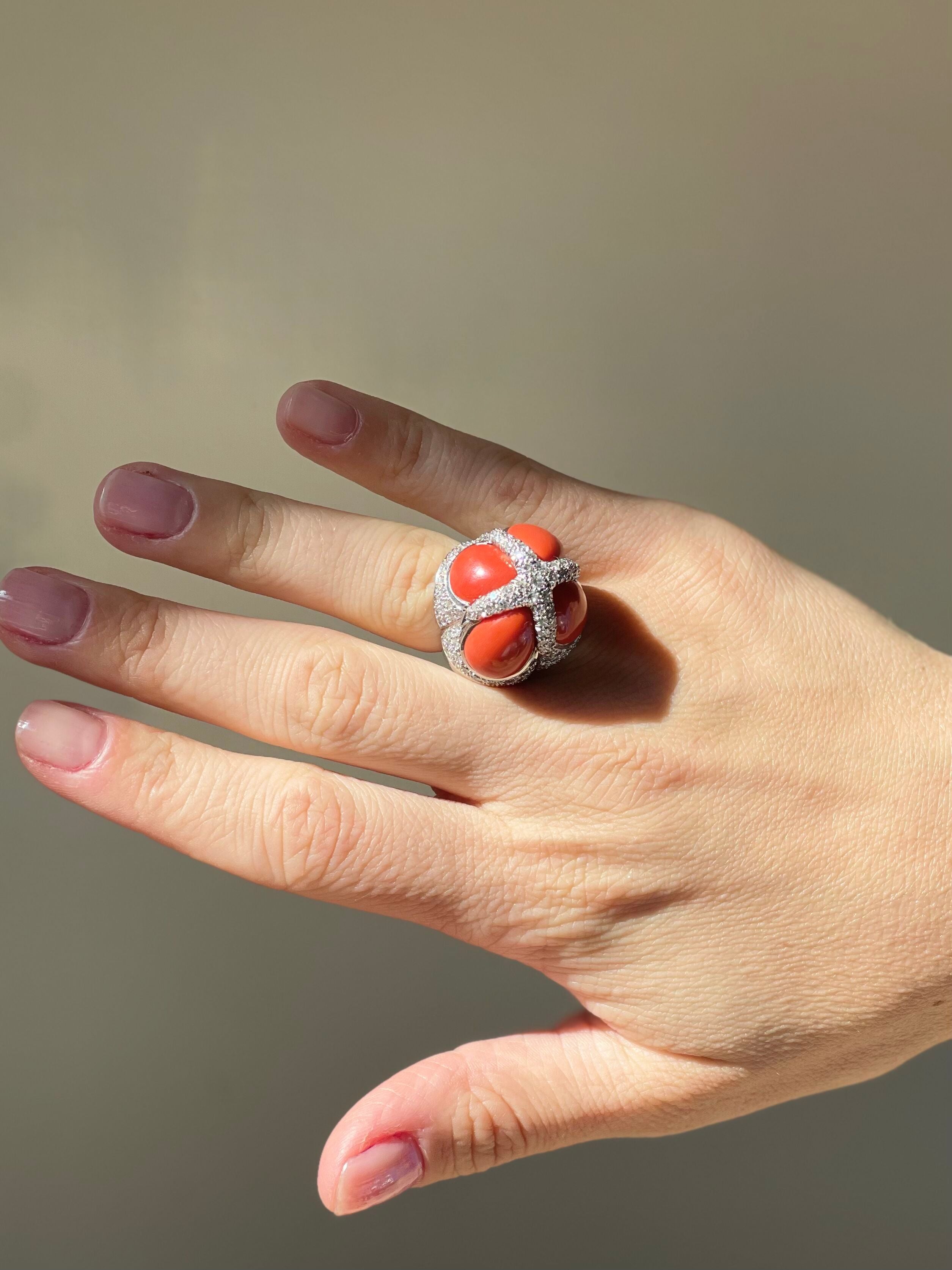 Coral Diamond Gold Dome Ring