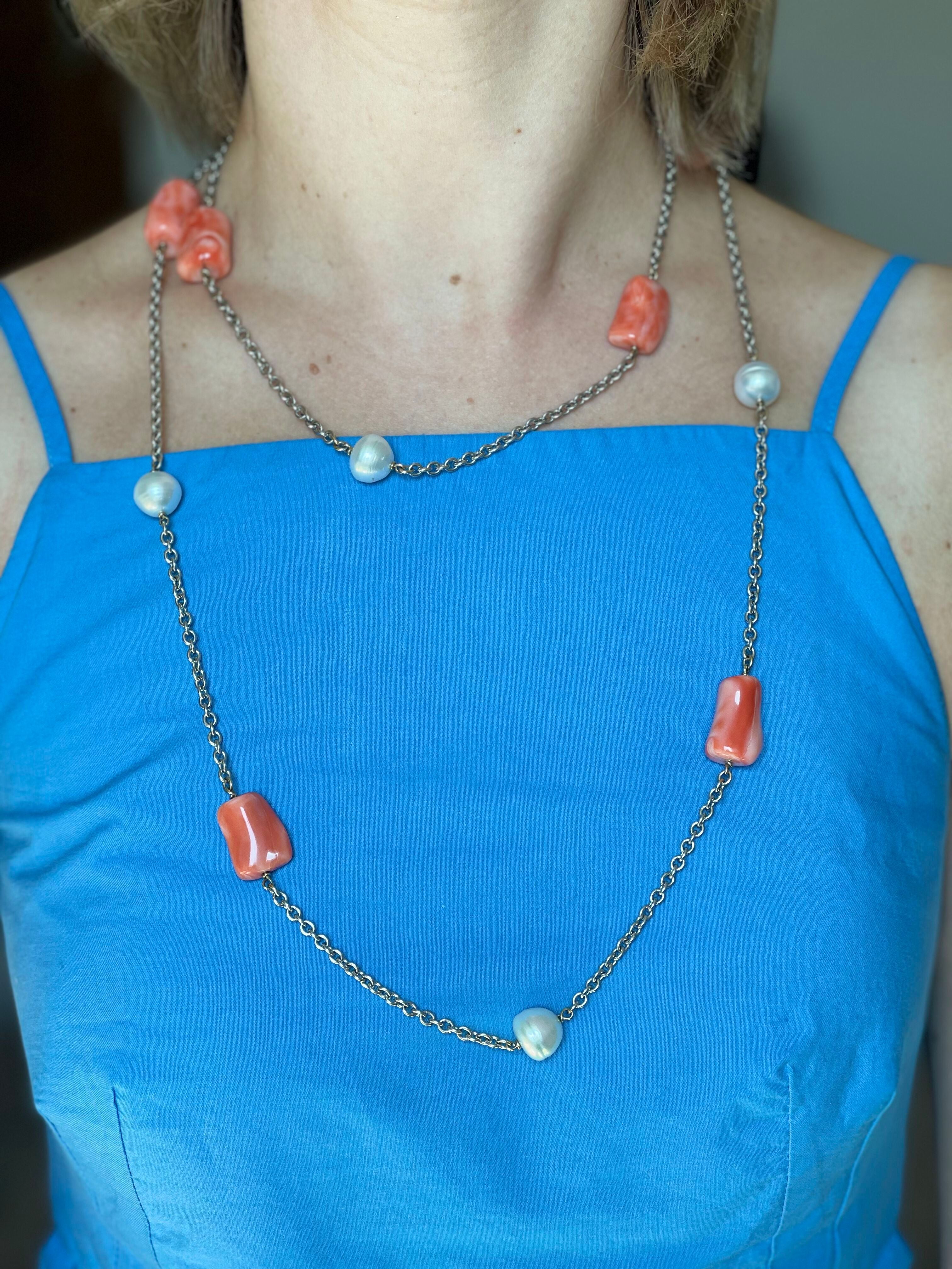 Coral Diamond Pearl Gold Long Station Necklace Set