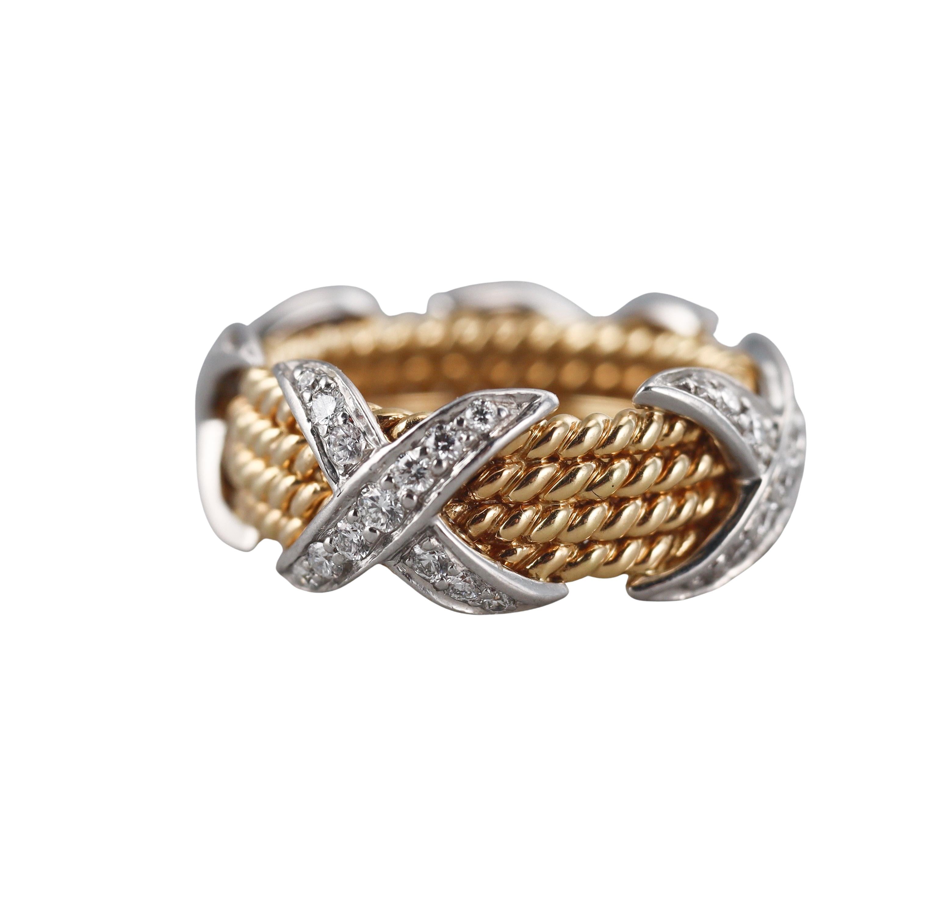 Tiffany & Co Schlumberger Four Row Rope Diamond Gold Platinum Ring