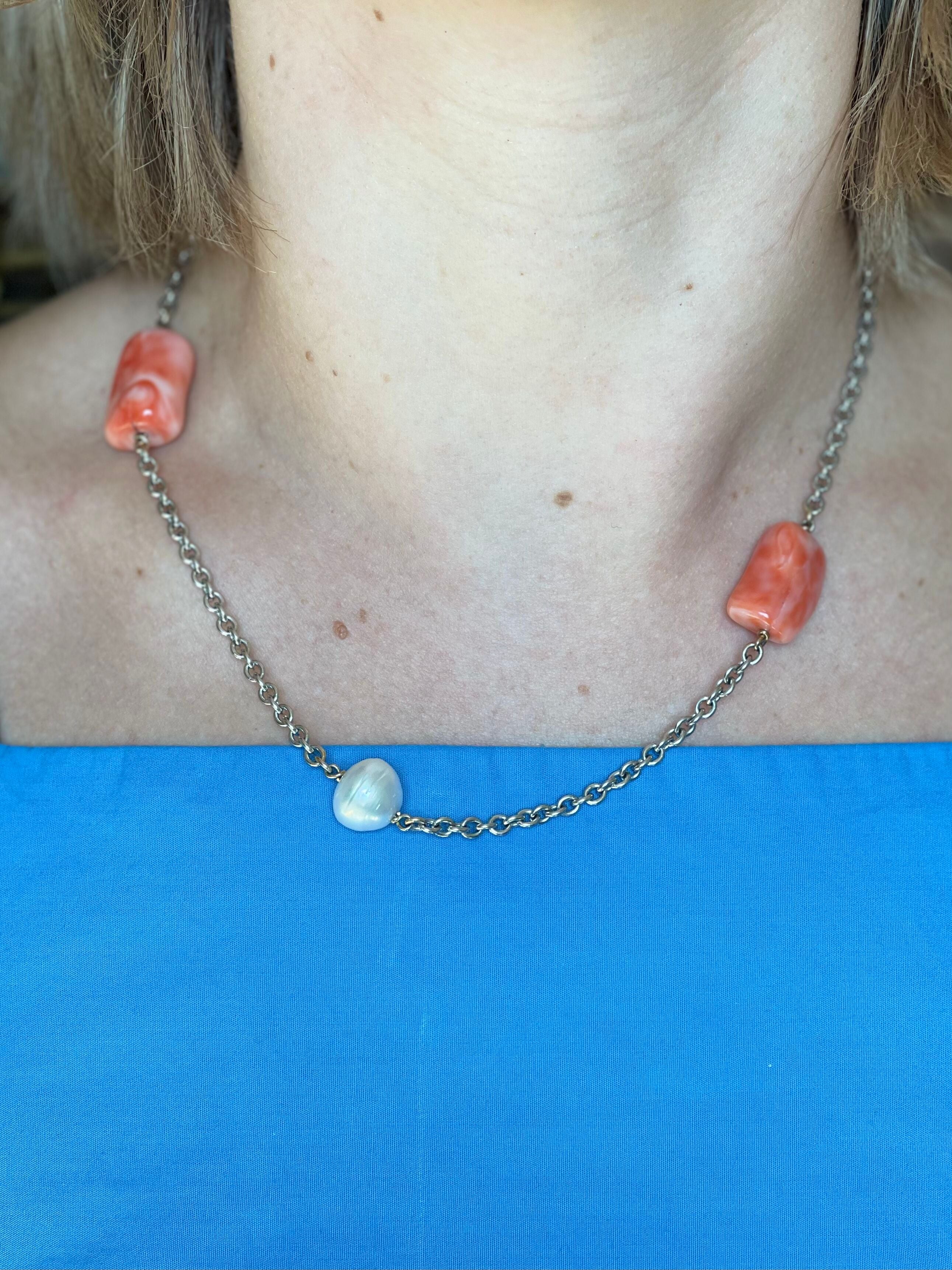 Coral Diamond Pearl Gold Long Station Necklace Set