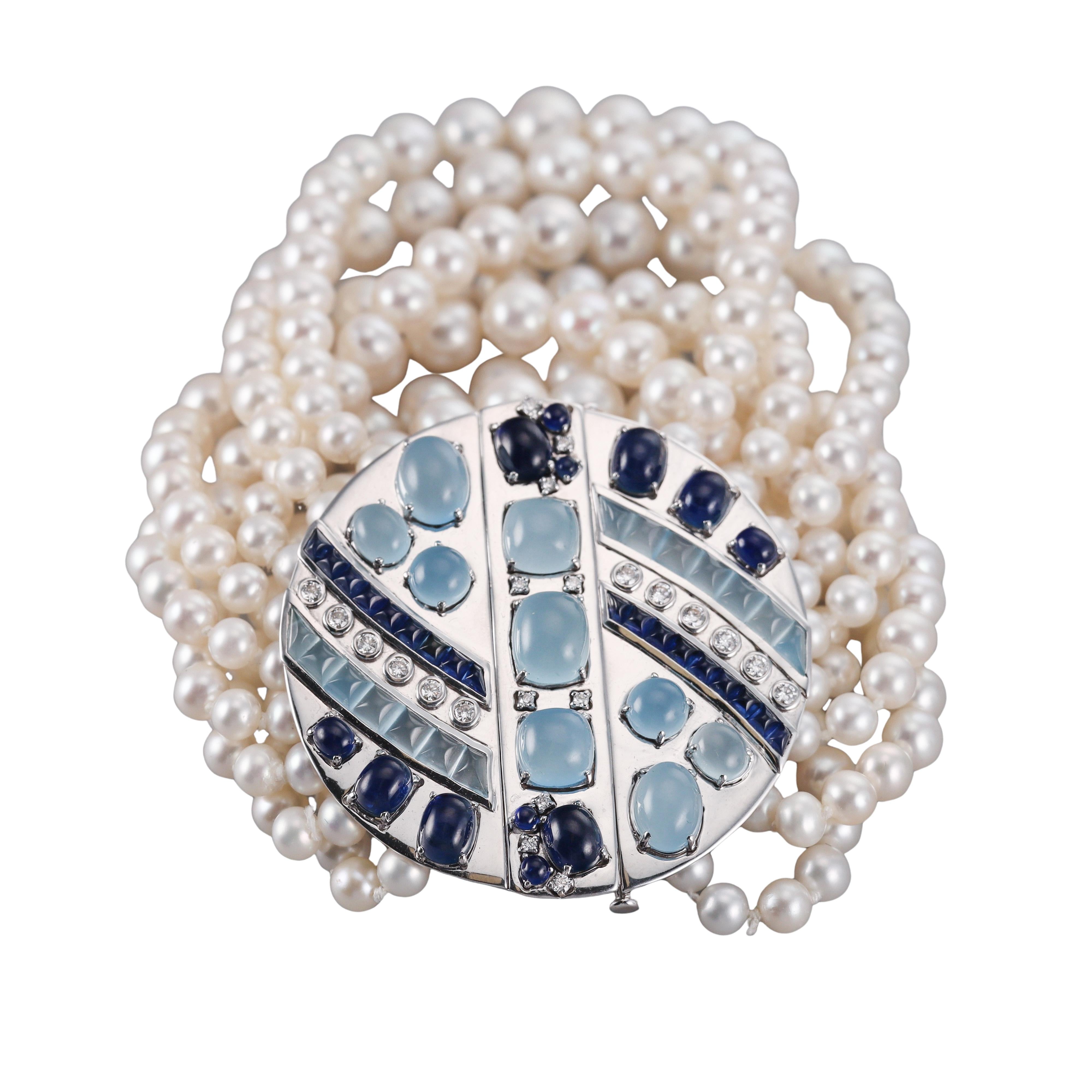 Seaman Schepps Sapphire Aquamarine Diamond Pearl Gold Bracelet