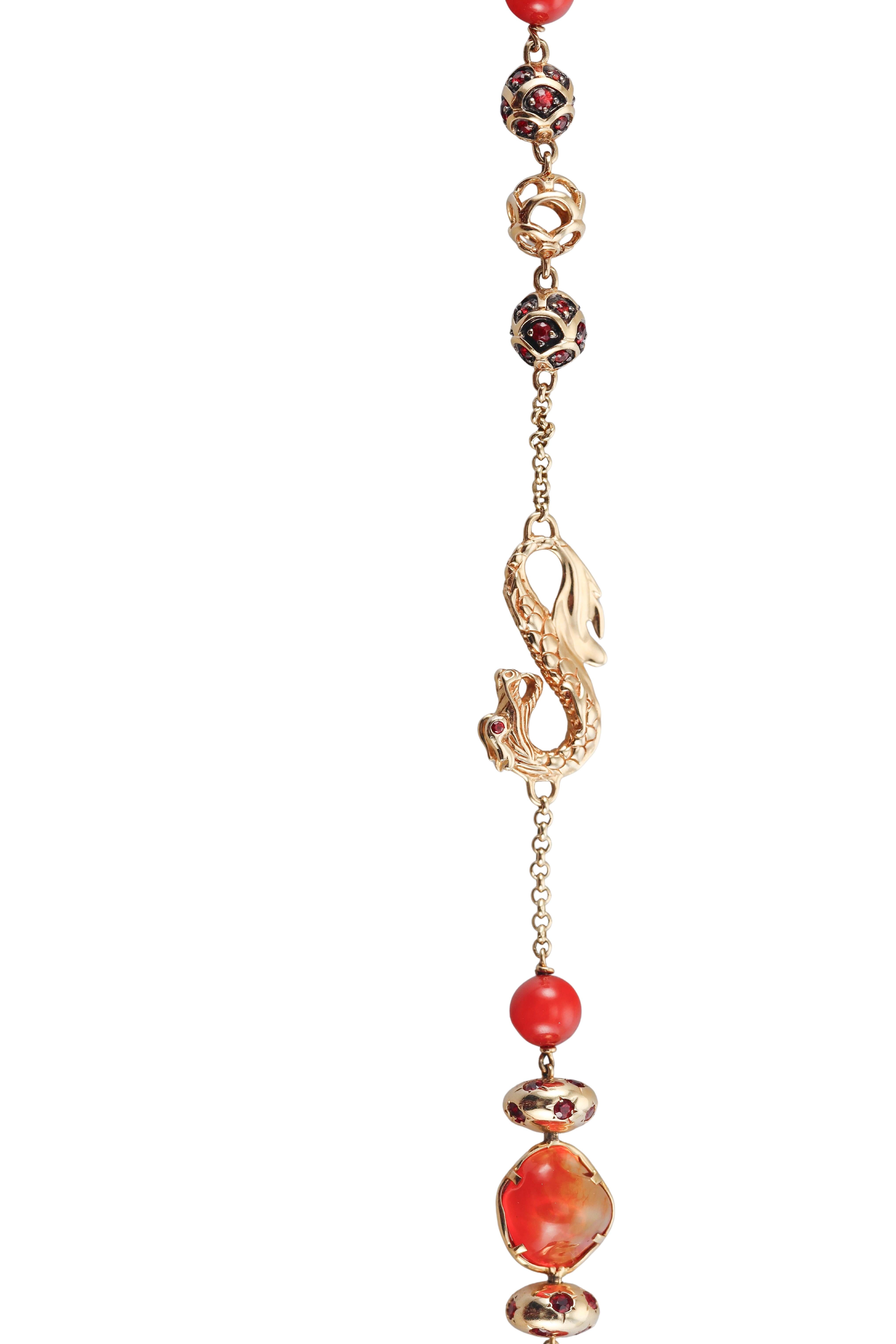 John Hardy Naga Fire Opal Orange Sapphire Coral Gold Long Necklace