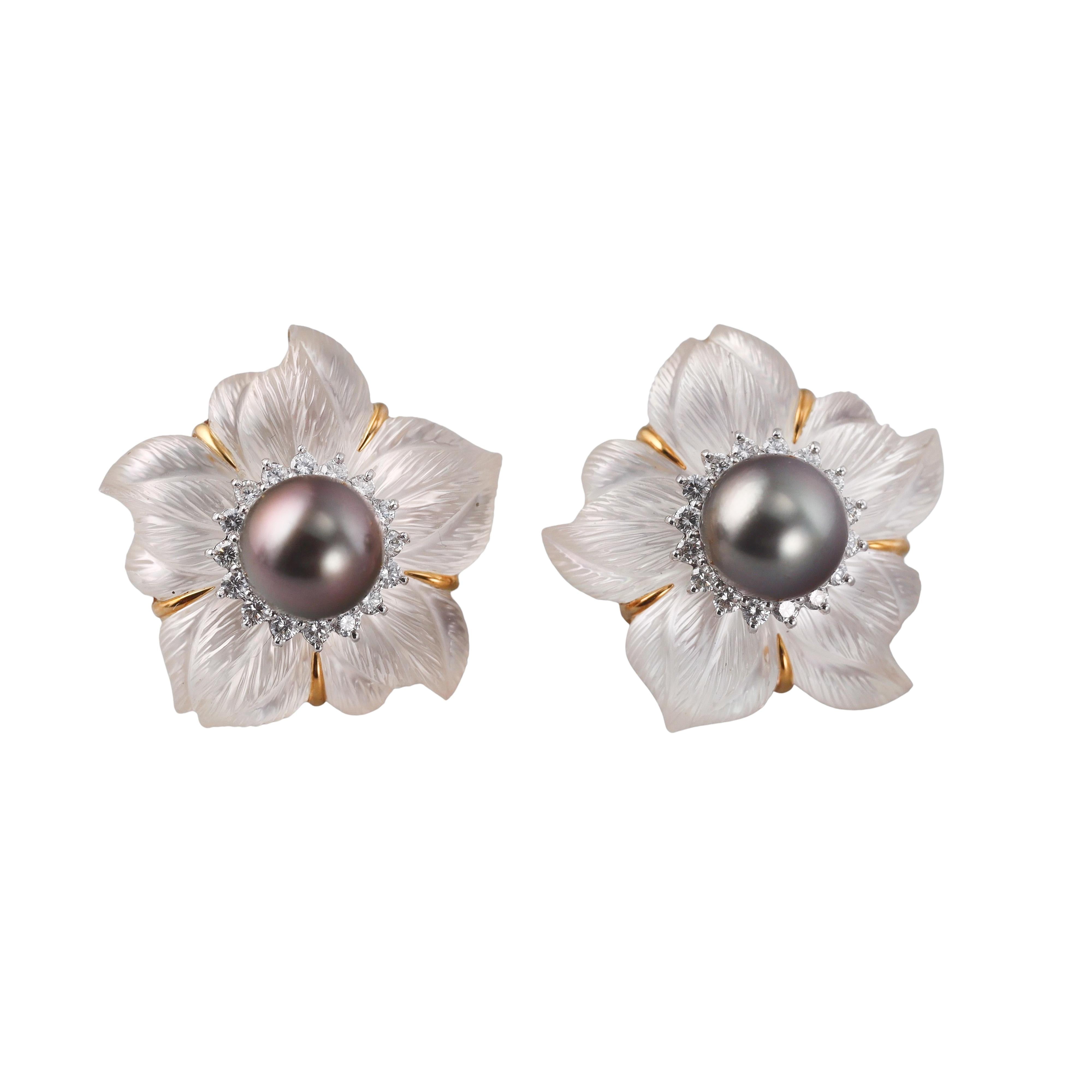 Seaman Schepps Clematis Crystal Tahitian Pearl Diamond Gold Flower Earrings