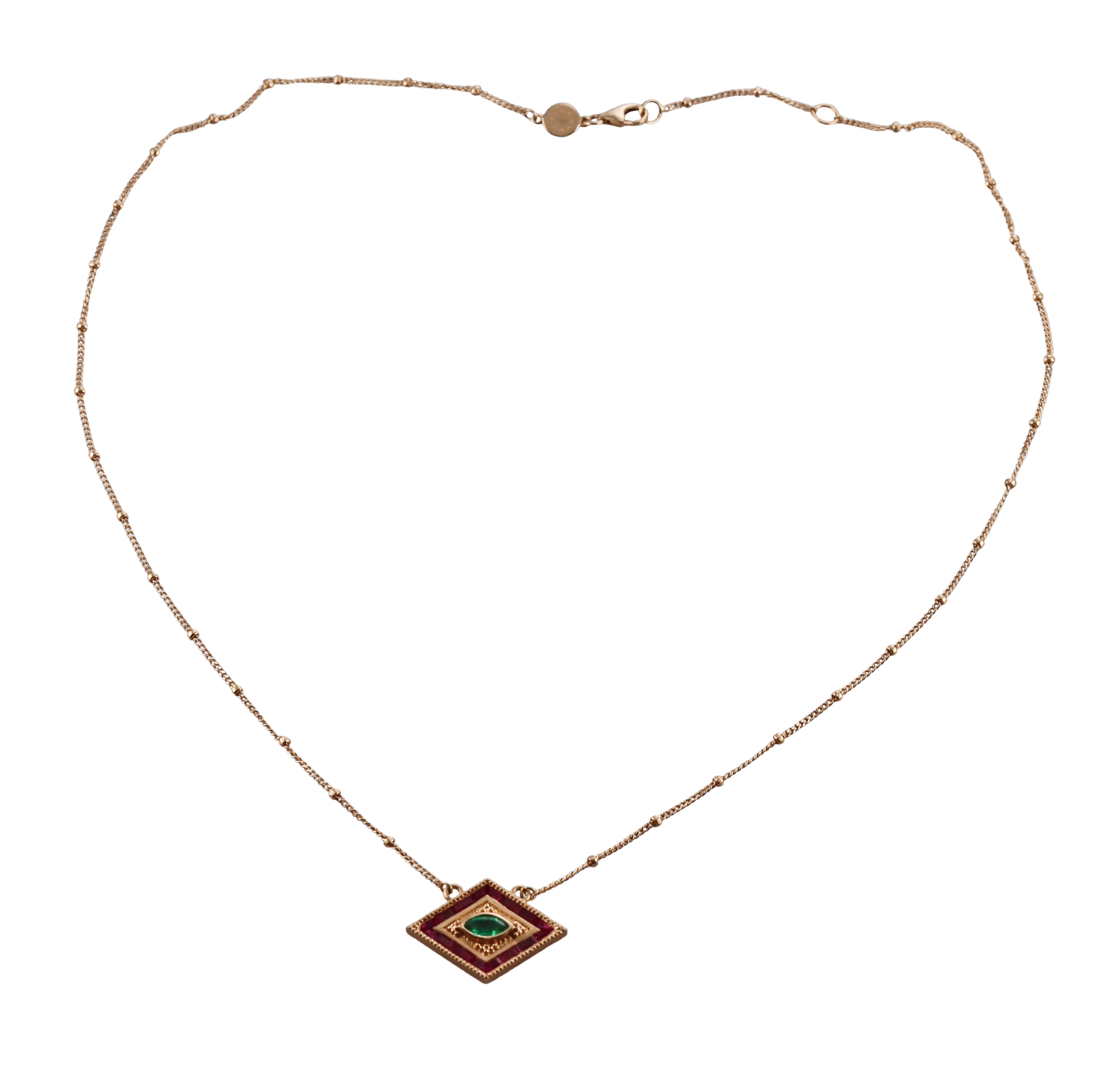 Orly Marcel Gold Ruby Emerald Ajna Pendant Necklace