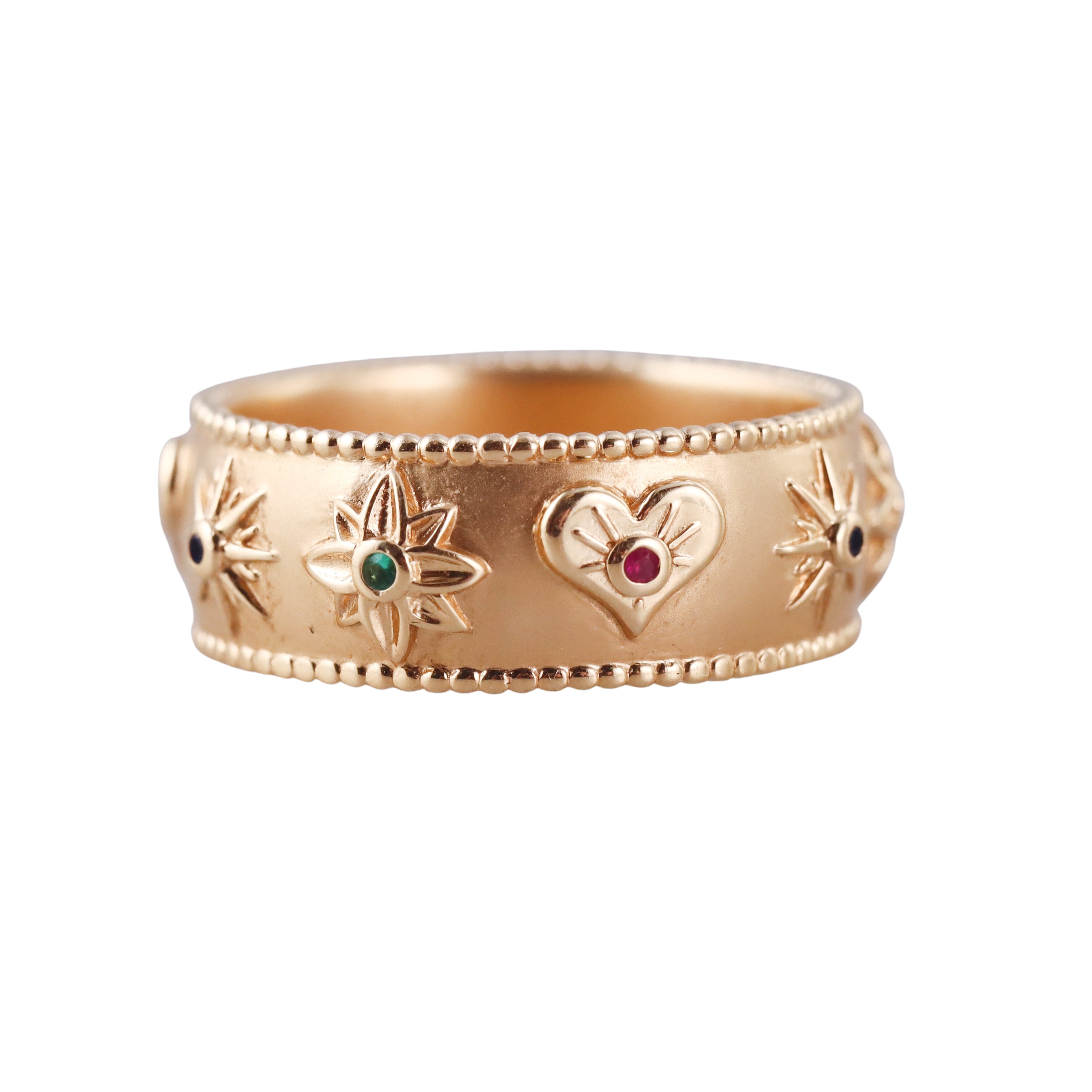 Orly Marcel Gold Ruby Emerald Sapphire Symbols Cigar Band Ring