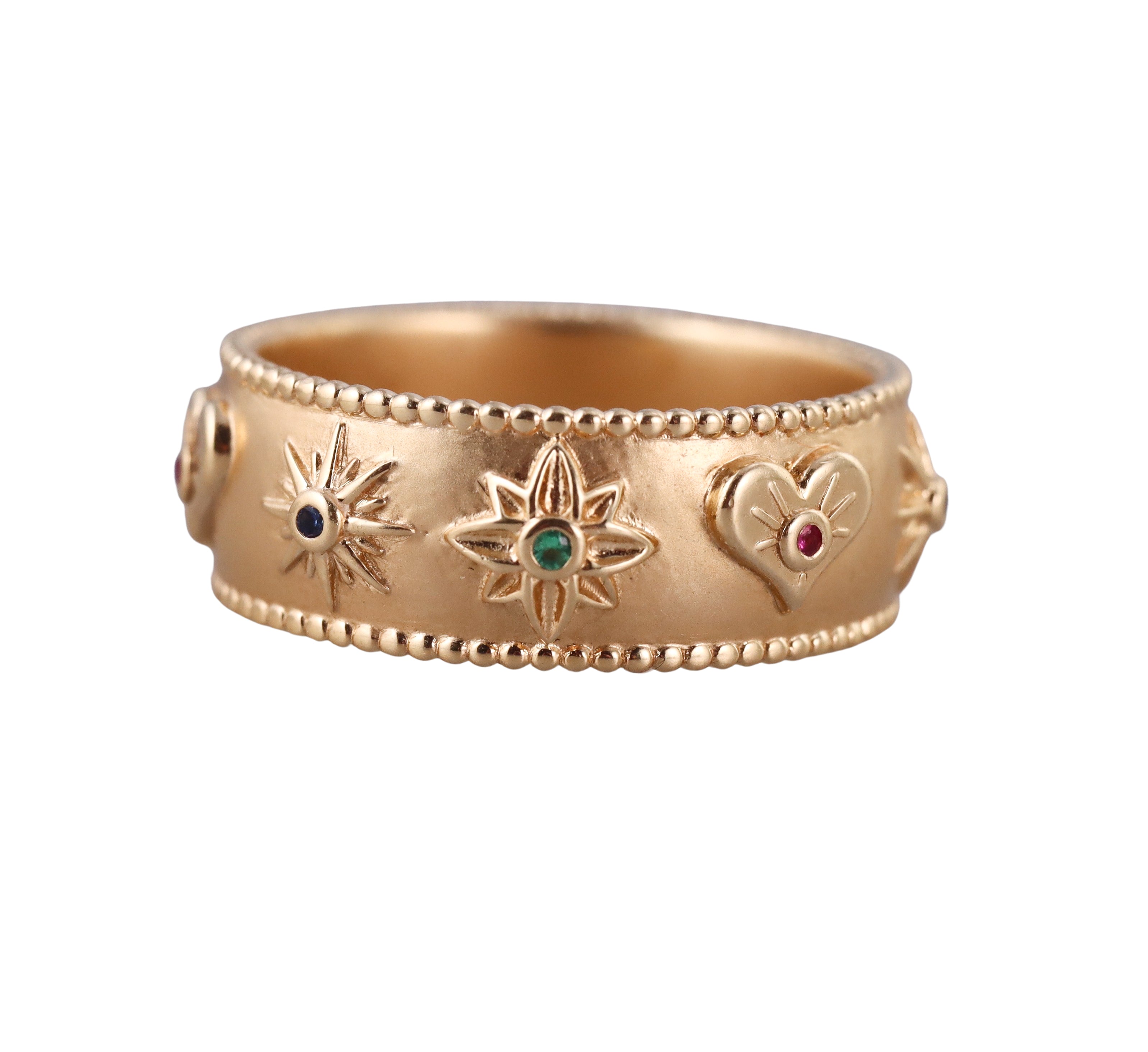 Orly Marcel Gold Ruby Emerald Sapphire Symbols Cigar Band Ring
