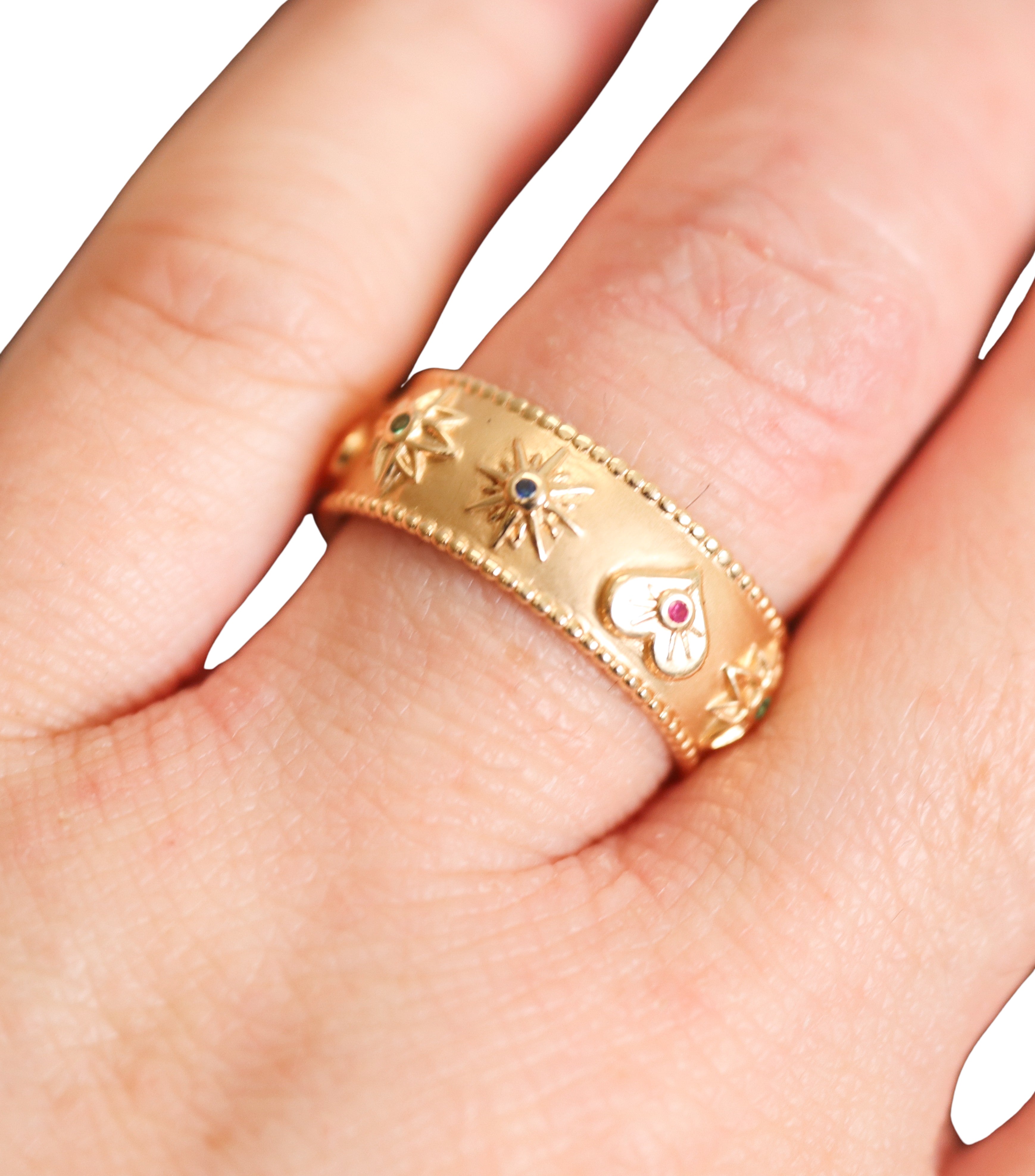 Orly Marcel Gold Ruby Emerald Sapphire Symbols Cigar Band Ring