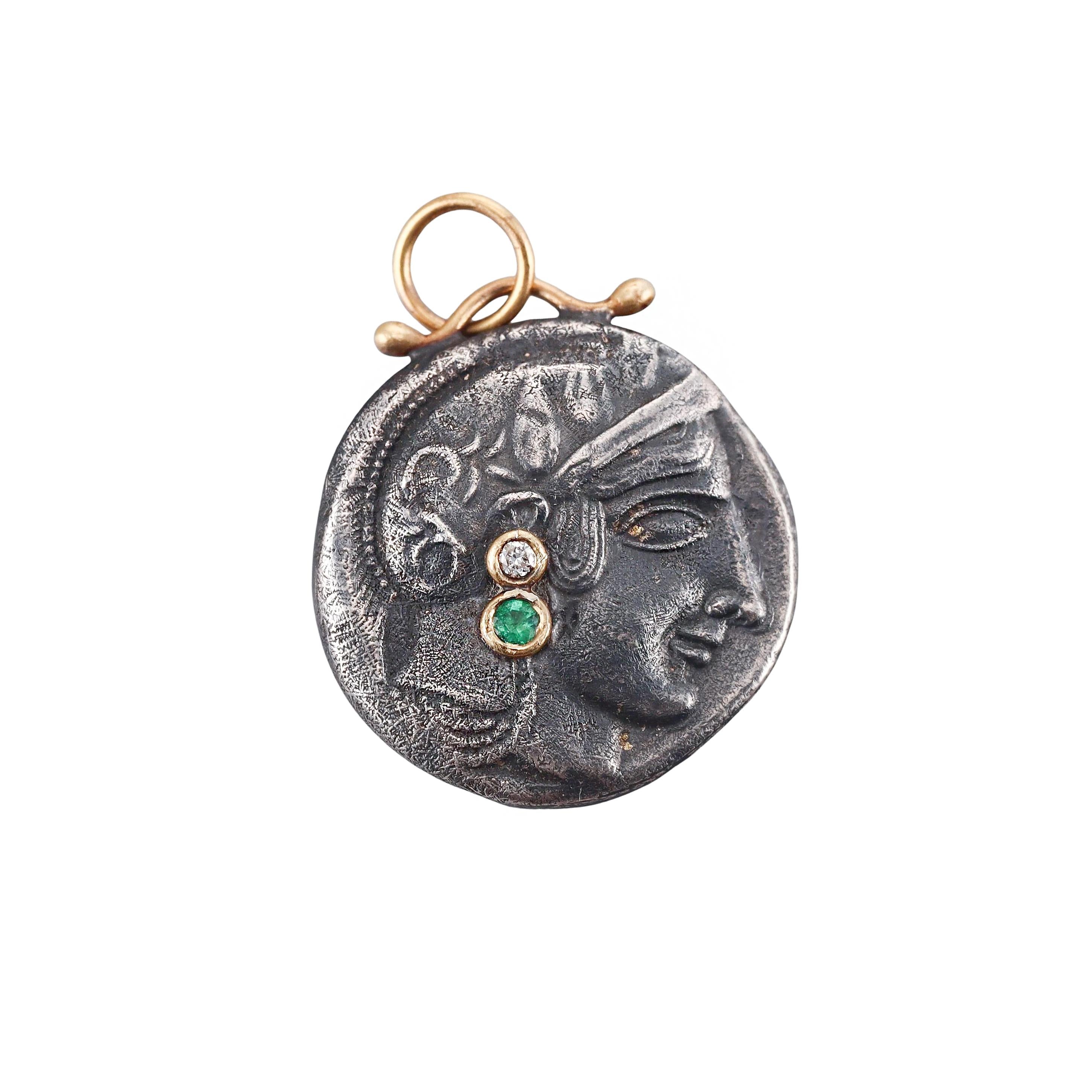 Ancient Inspired Gold Silver Diamond Athenian Owl Athena Reversible Pendant