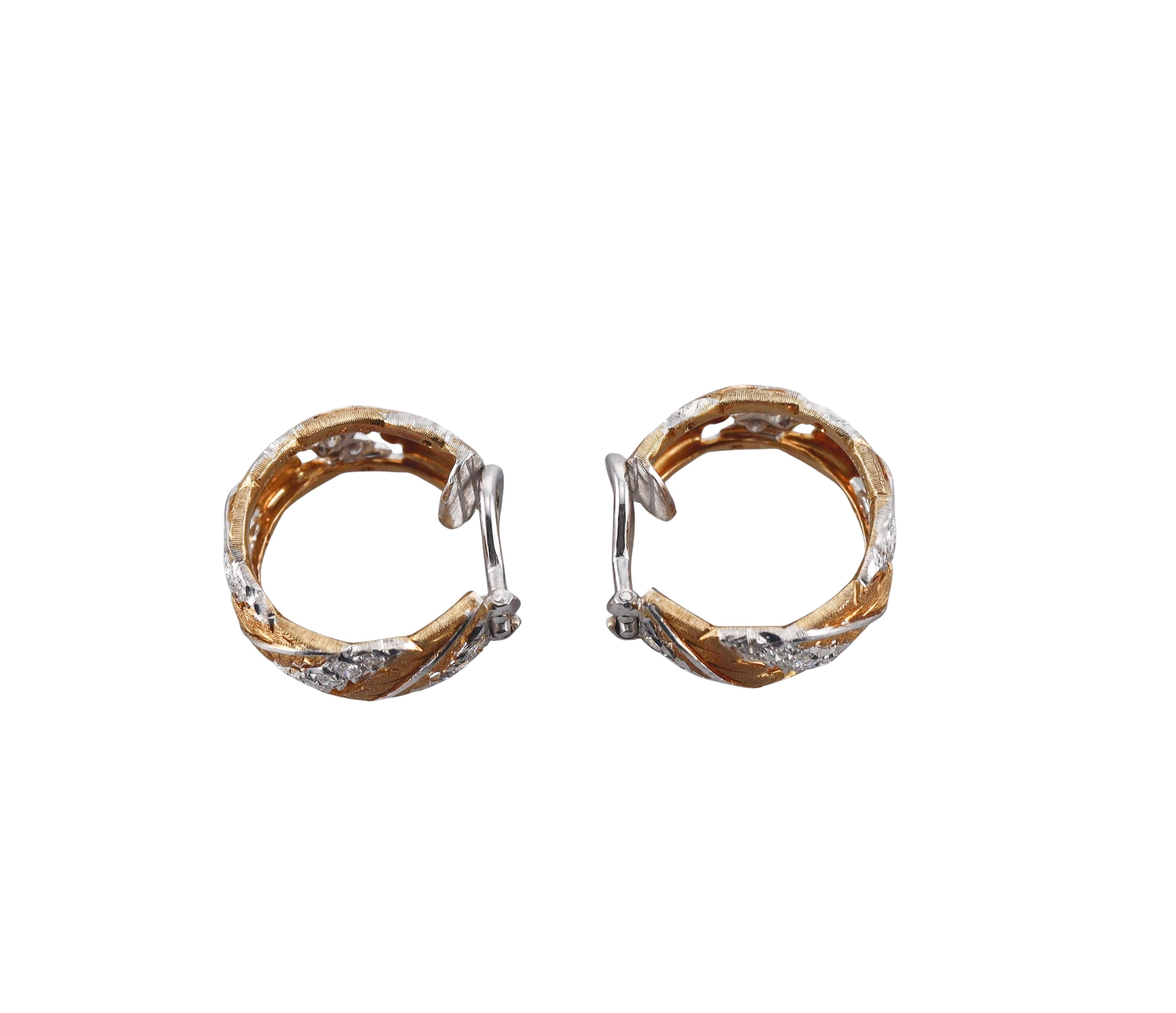 Mario Buccellati Diamond Gold Leaf Hoop Earrings