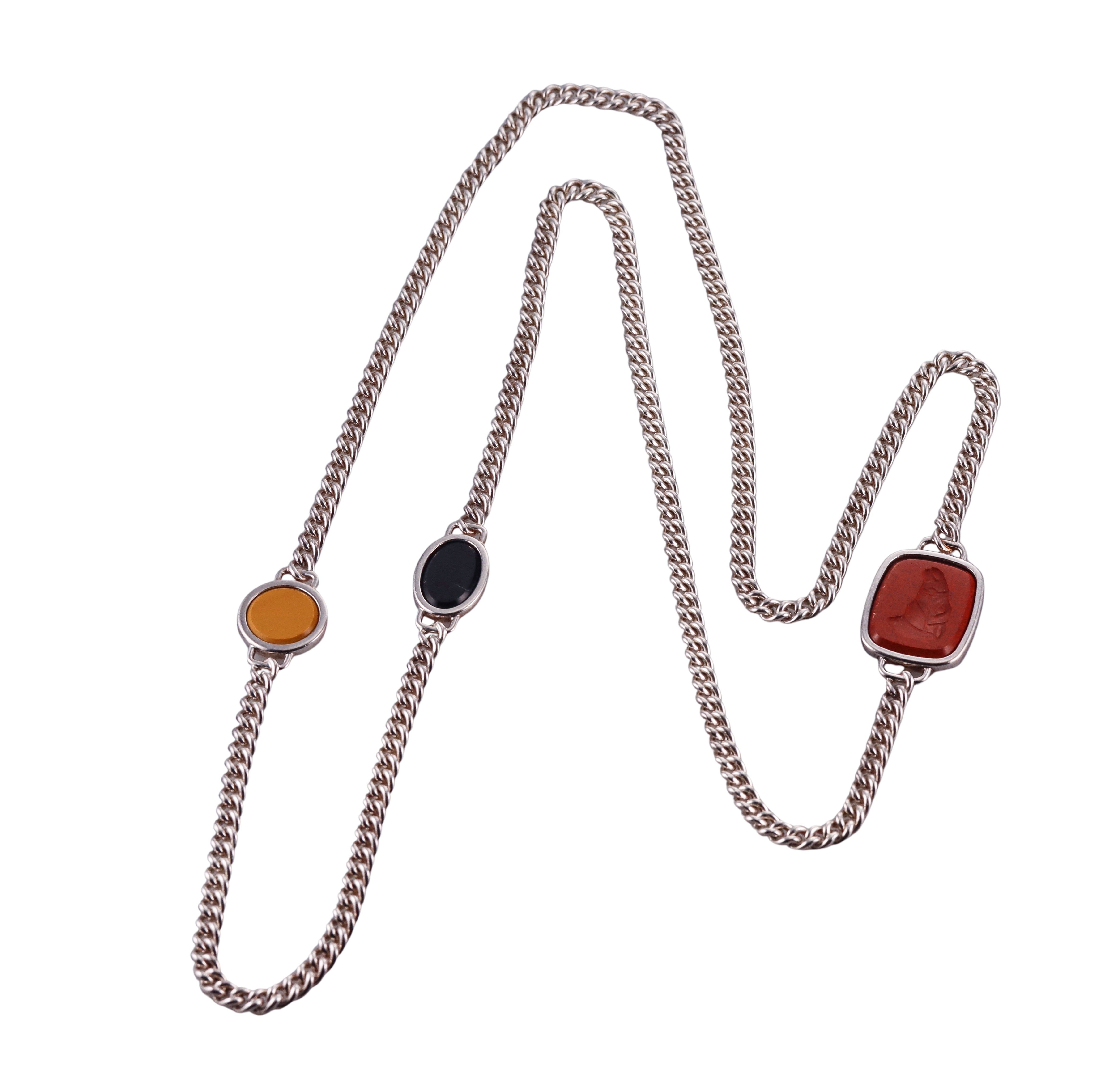Hermes Jasper Intaglio Onyx Silver Long Station Necklace