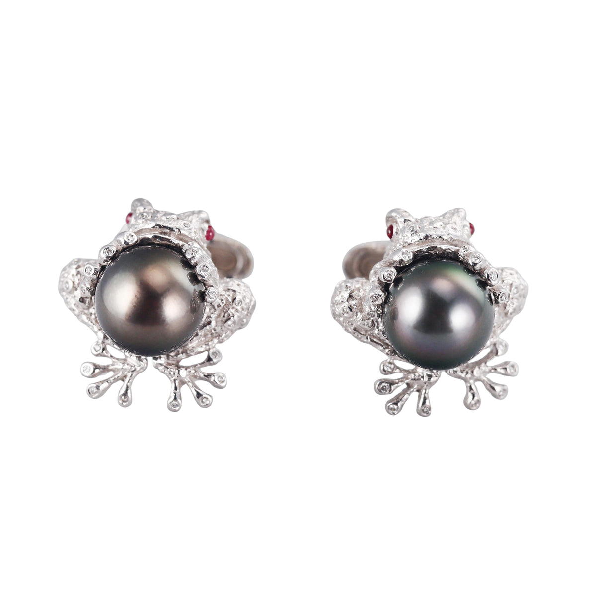 Stefano Ricci Black South Sea Pearl Diamond Ruby Gold Frog Cufflinks