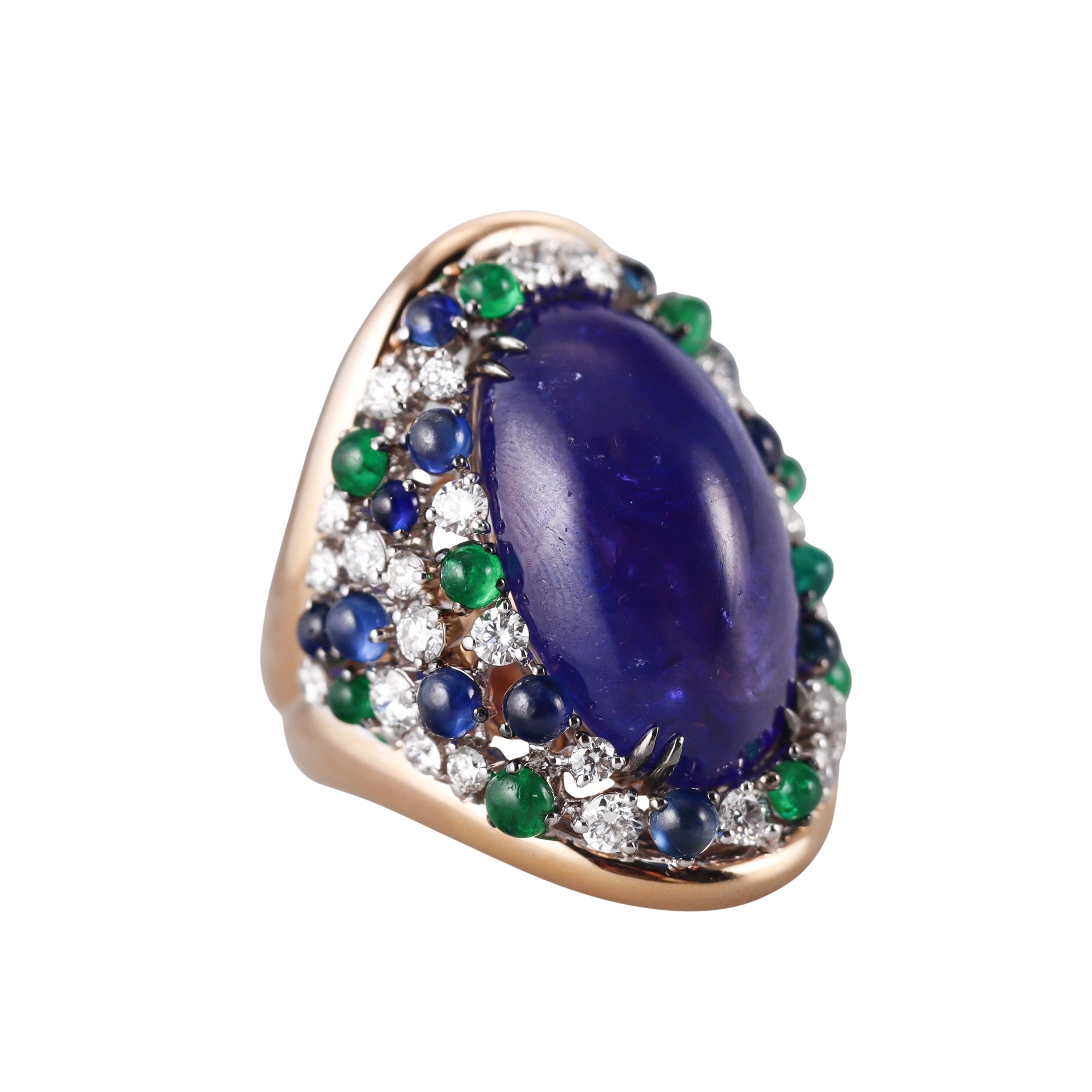 Crivelli 25.37ct Tanzanite Emerald Sapphire Diamond Rose Gold Cocktail Ring