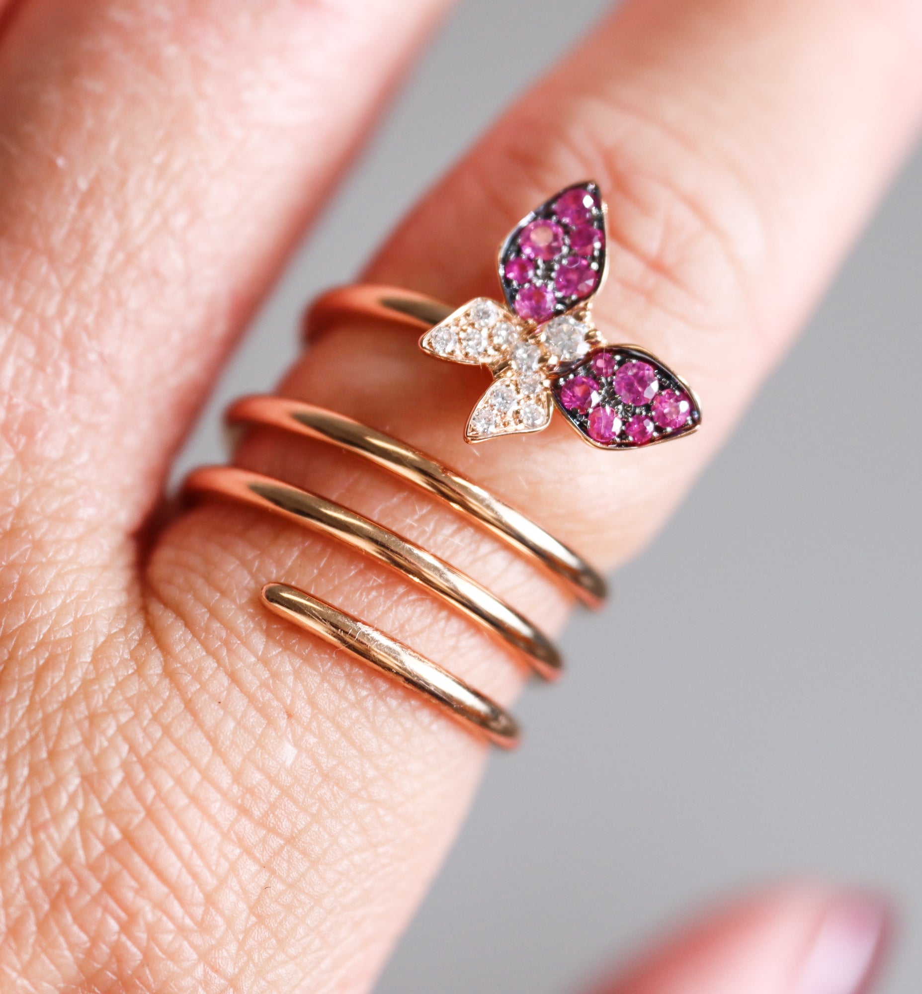 Crivelli Rose Gold Diamond Pink Sapphire Butterfly Coil Wrap Ring