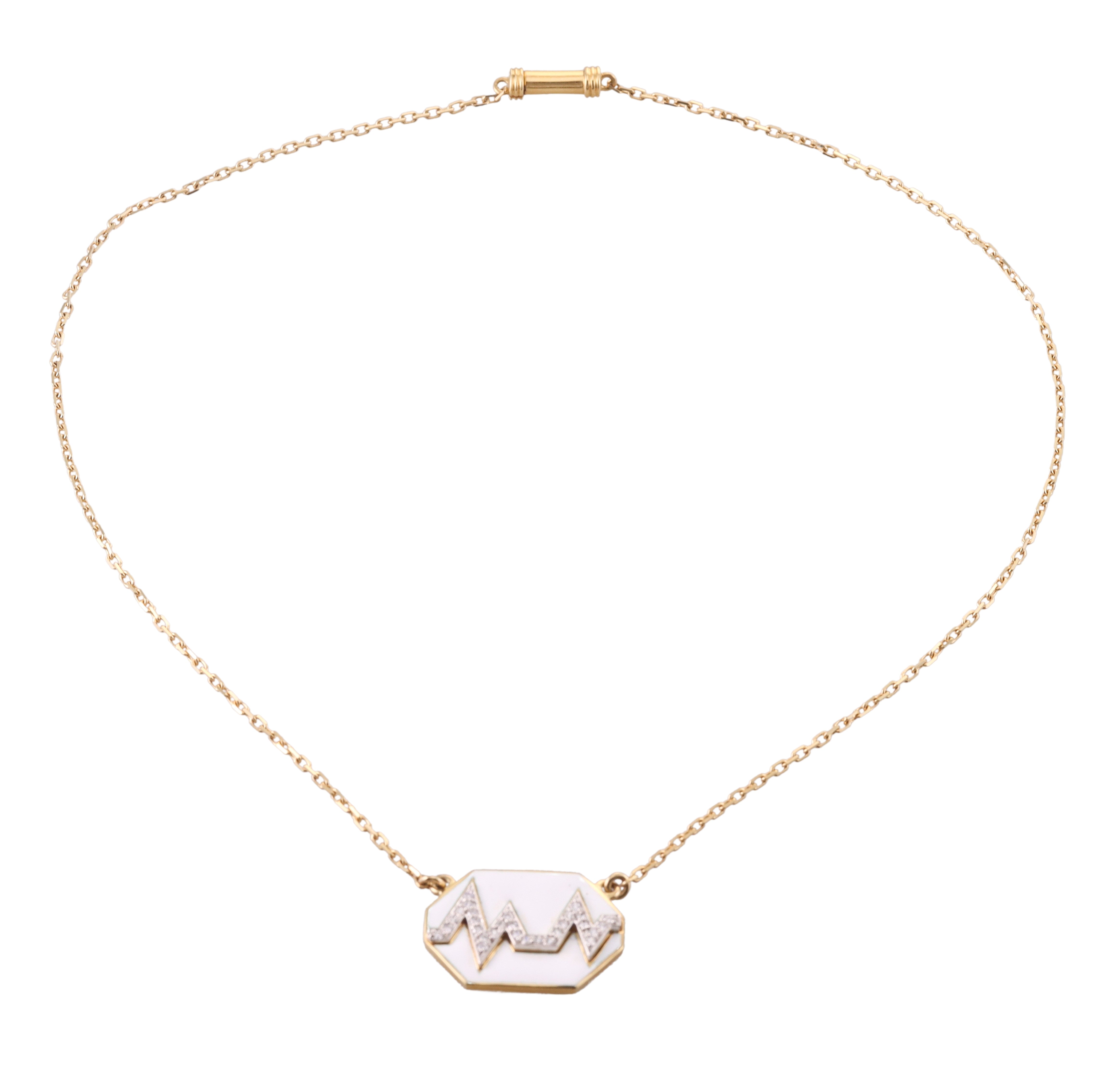 David Webb Gold Platinum Diamond White Enamel Skip Necklace