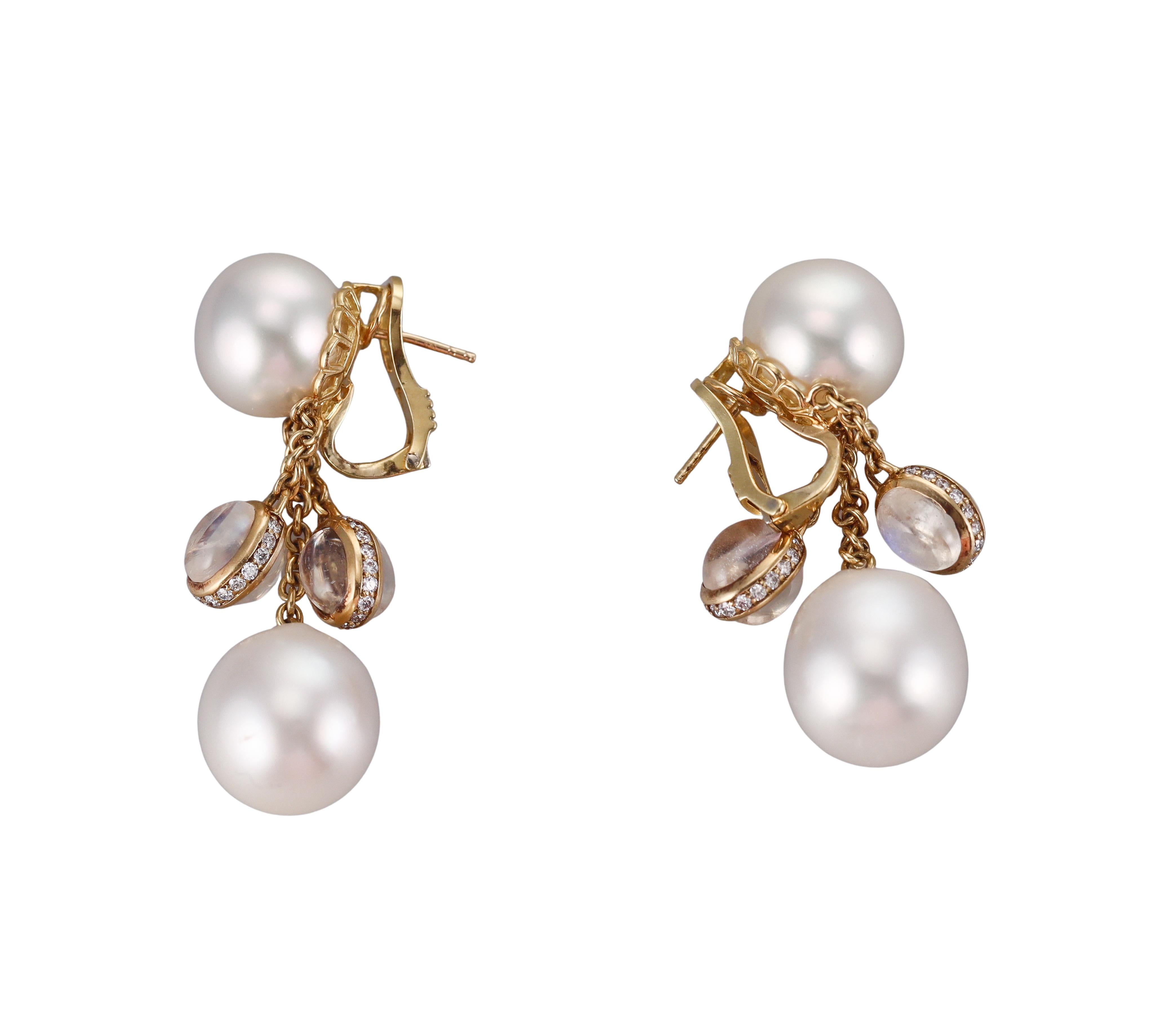 South Sea Pearl Moonstone Diamond Gold Drop Earrings
