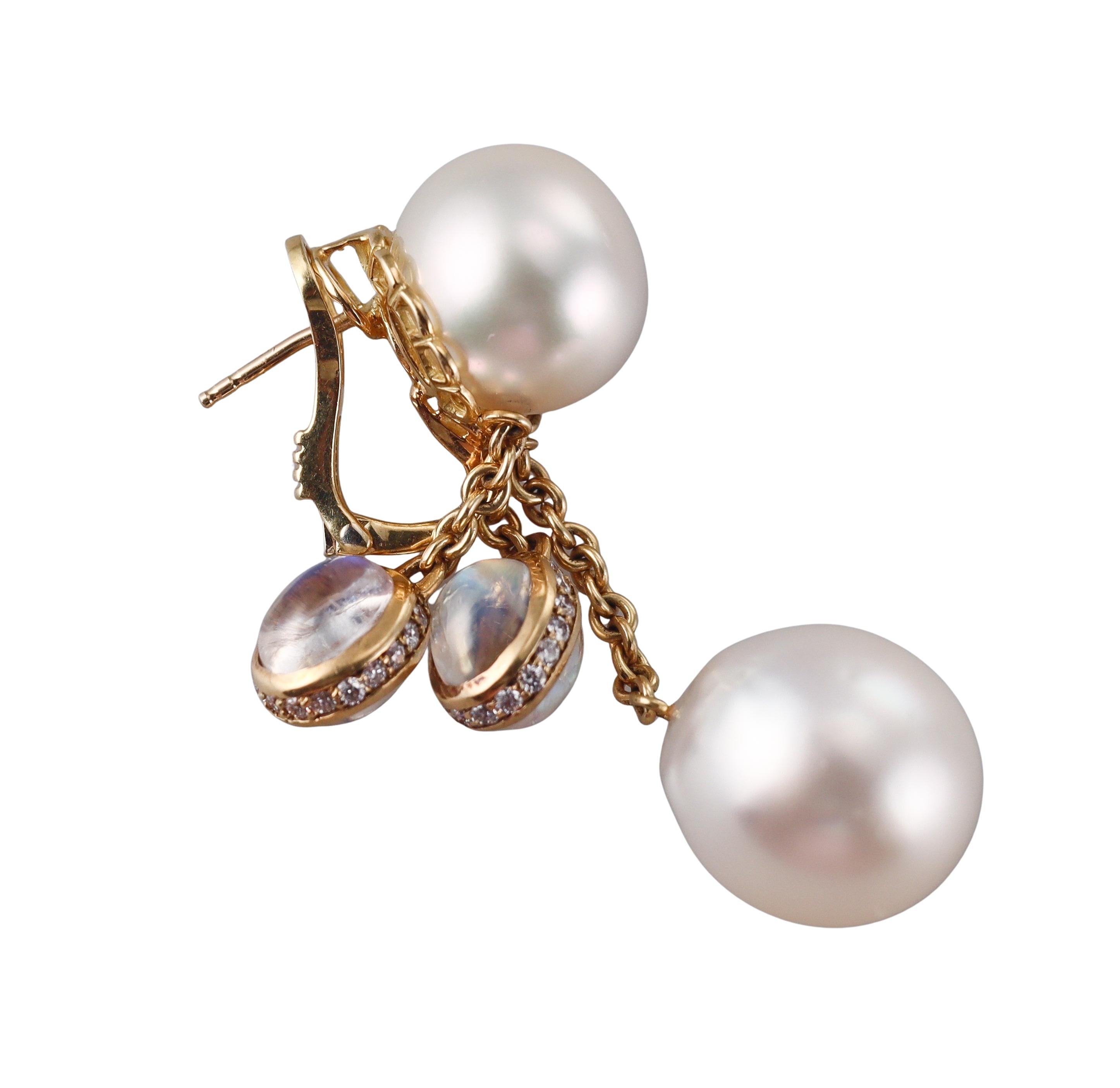 South Sea Pearl Moonstone Diamond Gold Drop Earrings