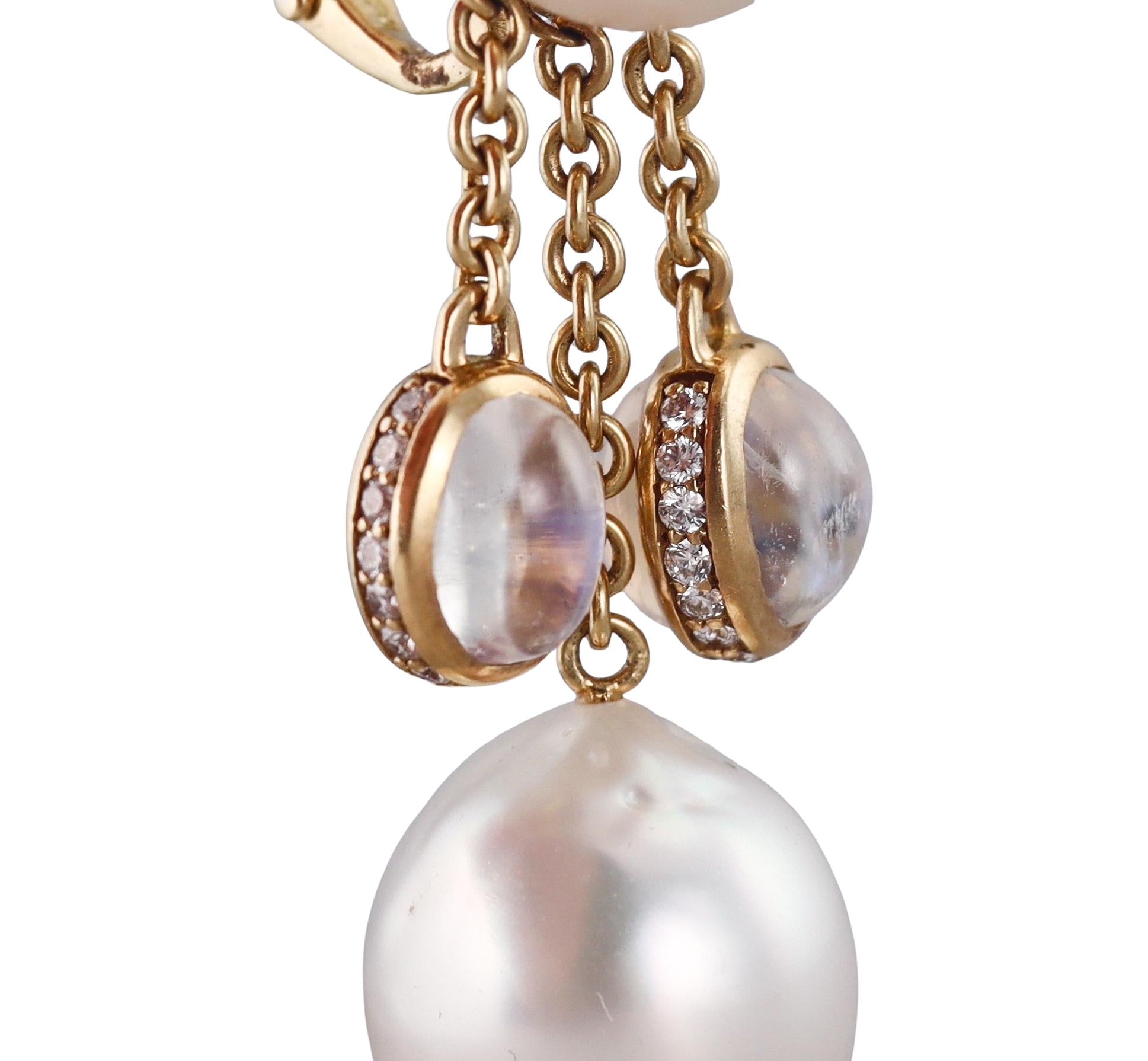 South Sea Pearl Moonstone Diamond Gold Drop Earrings