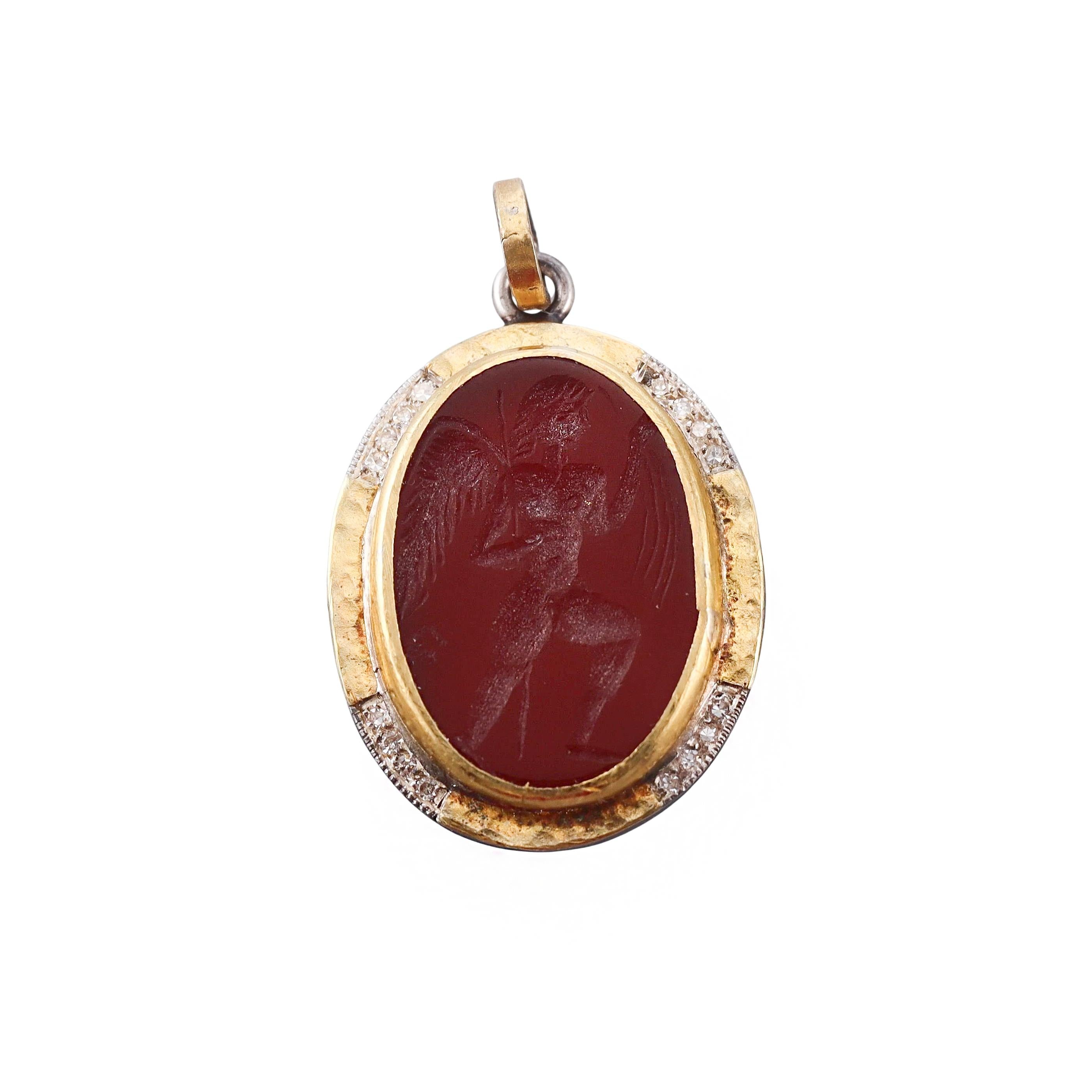 Ancient Inspired Silver Gold Diamond Agate Intaglio Athena Pendant