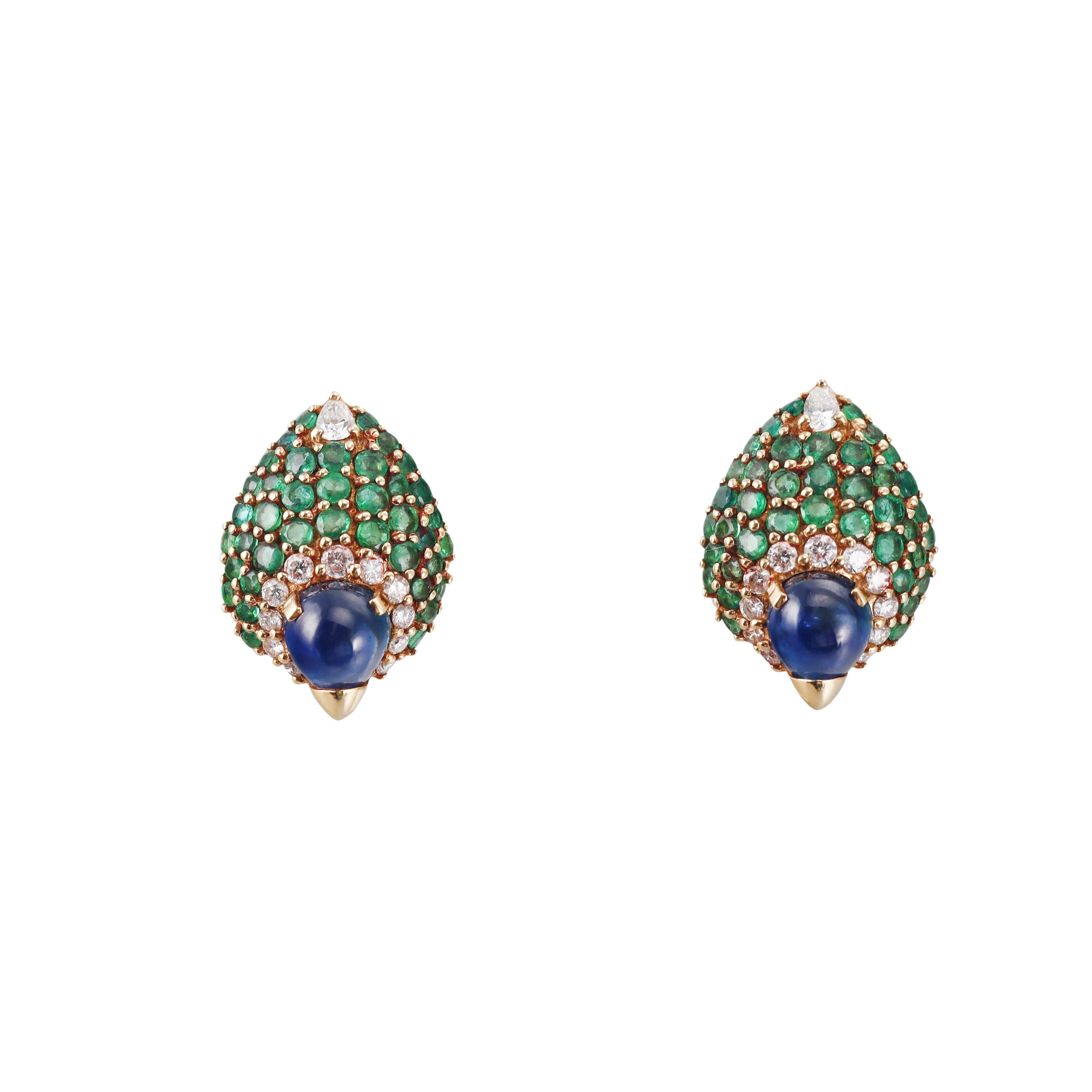 Emerald Sapphire Diamond Gold Cocktail Earrings