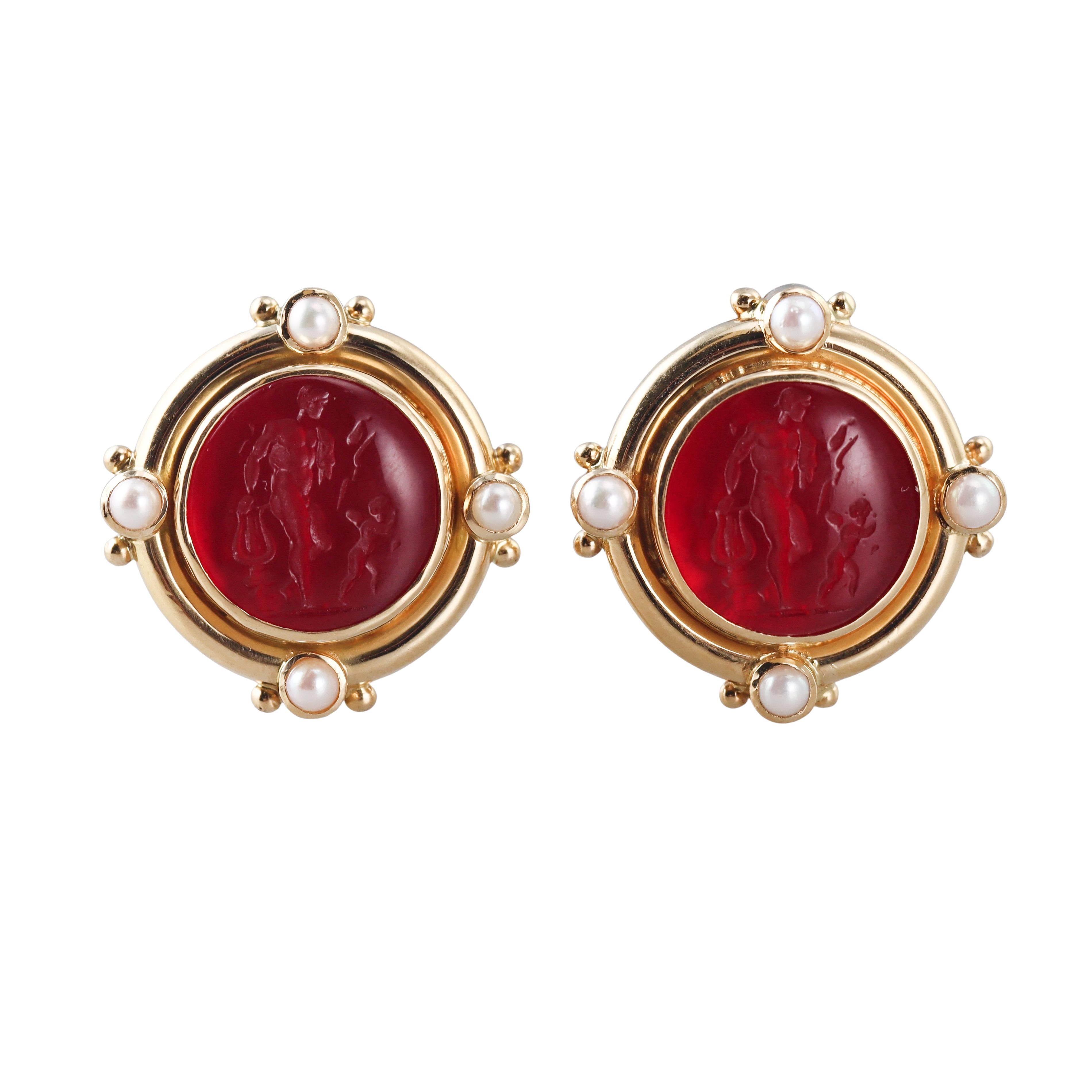 Elizabeth Locke Venetian Glass Intaglio Pearl Gold Earrings