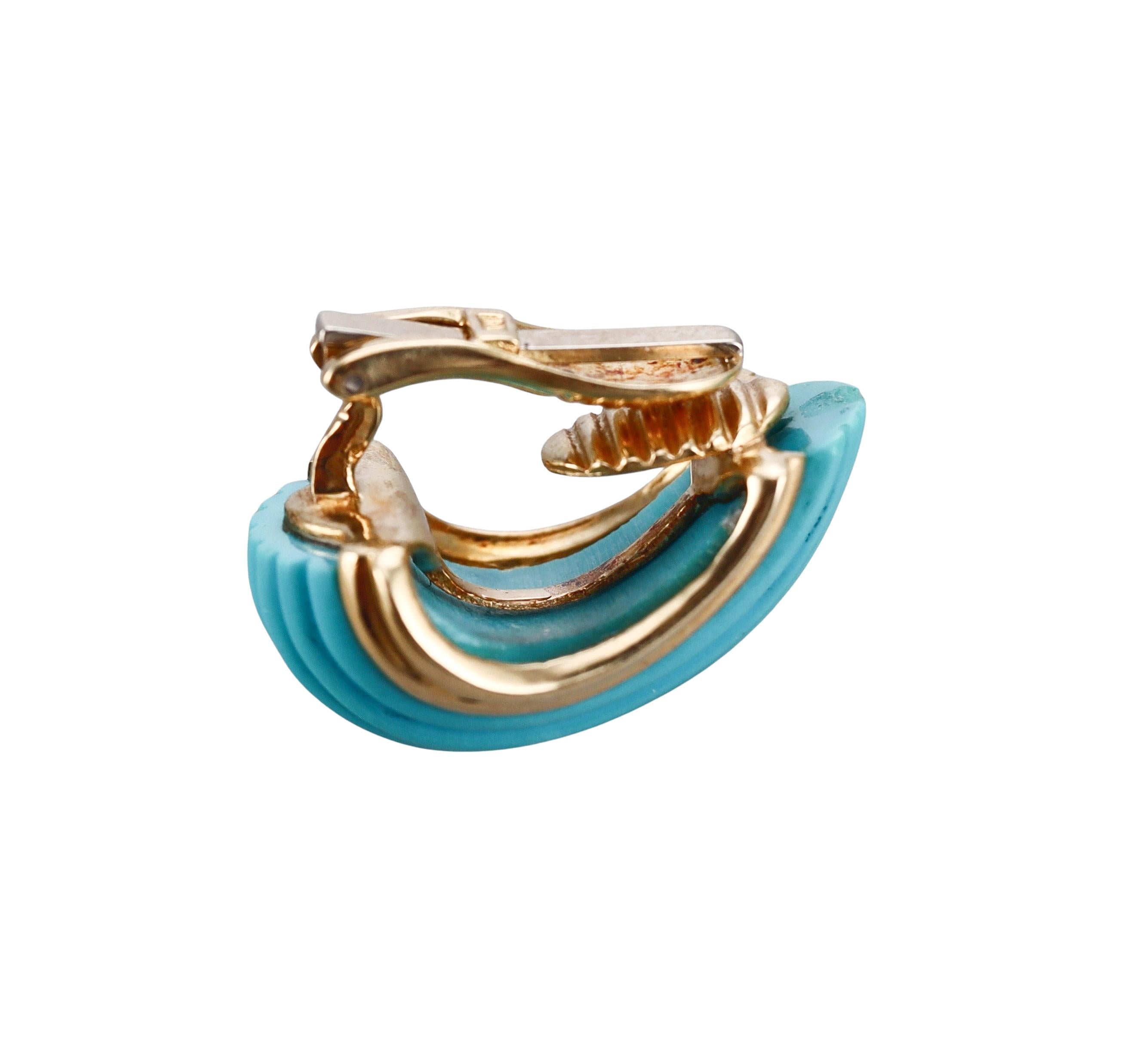 Carved Turquoise Gold Half Hoop Earrings