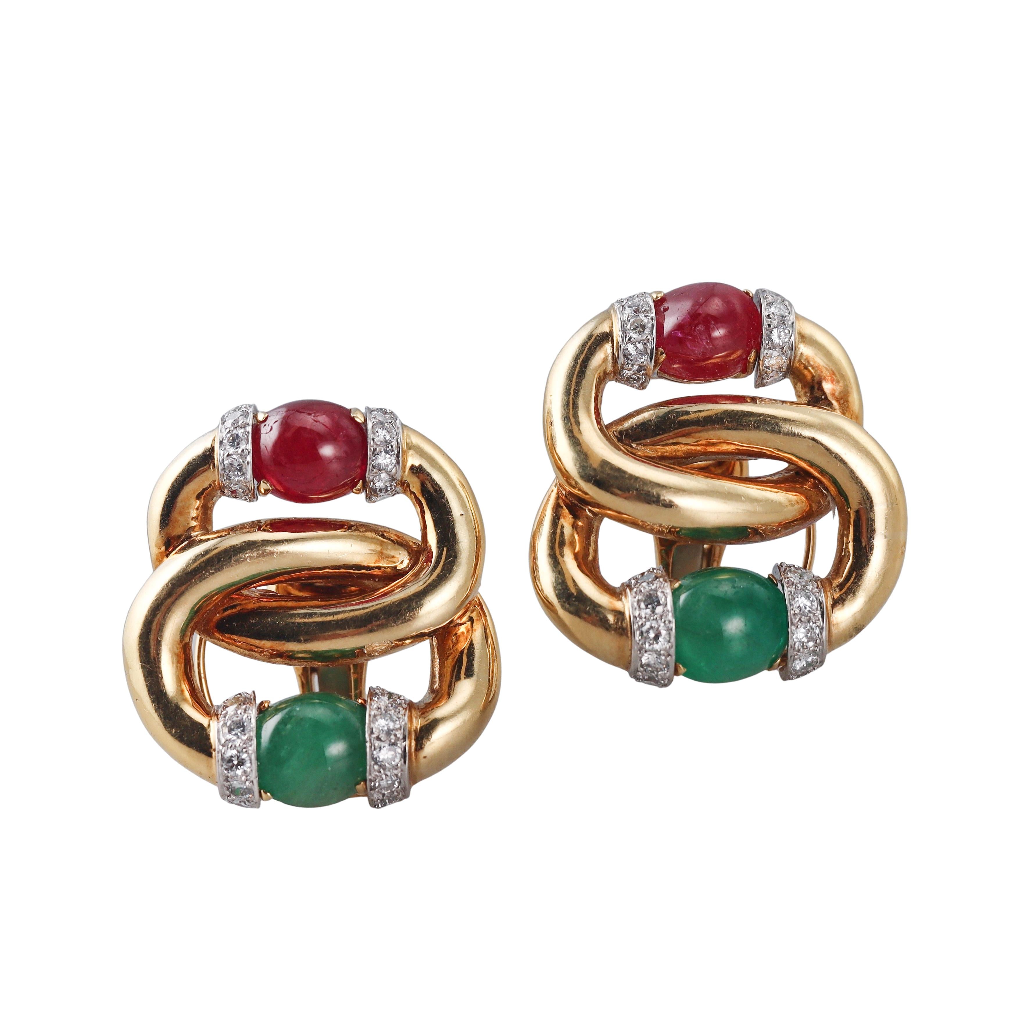 David Webb Emerald Ruby Diamond Gold Platinum Earrings