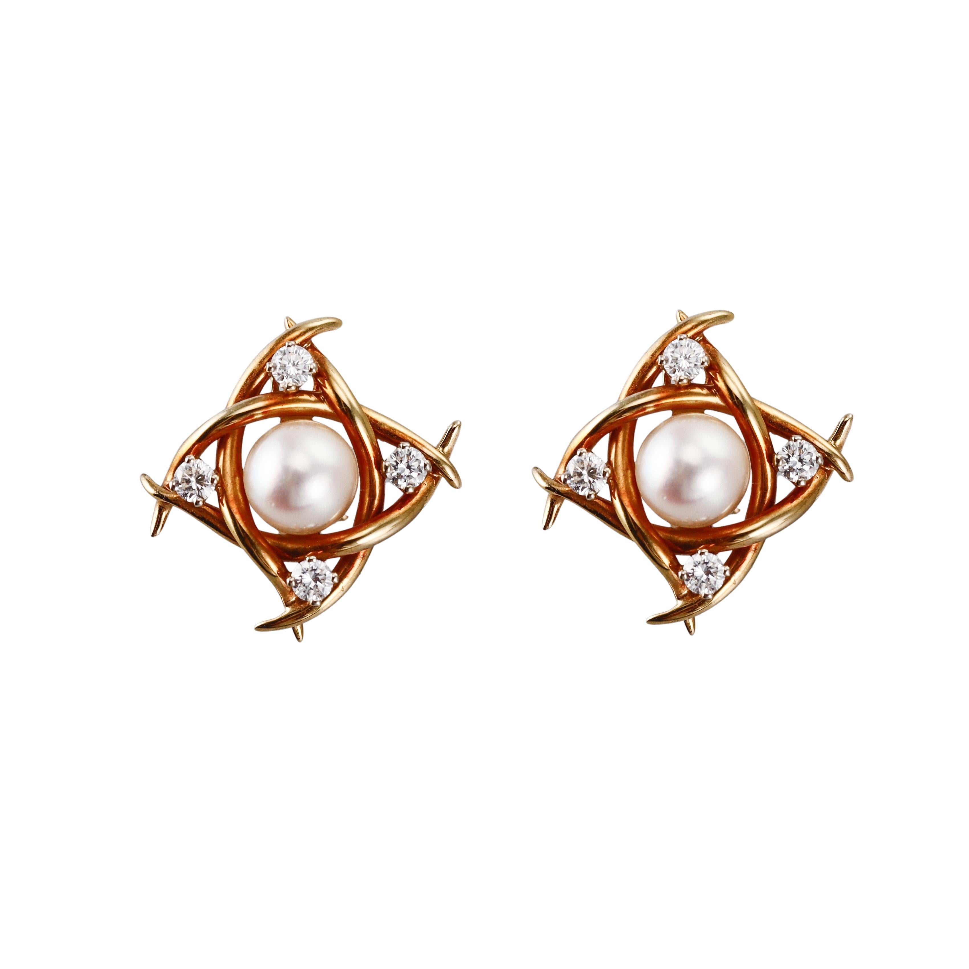Tiffany & Co Pearl Diamond Gold Earrings