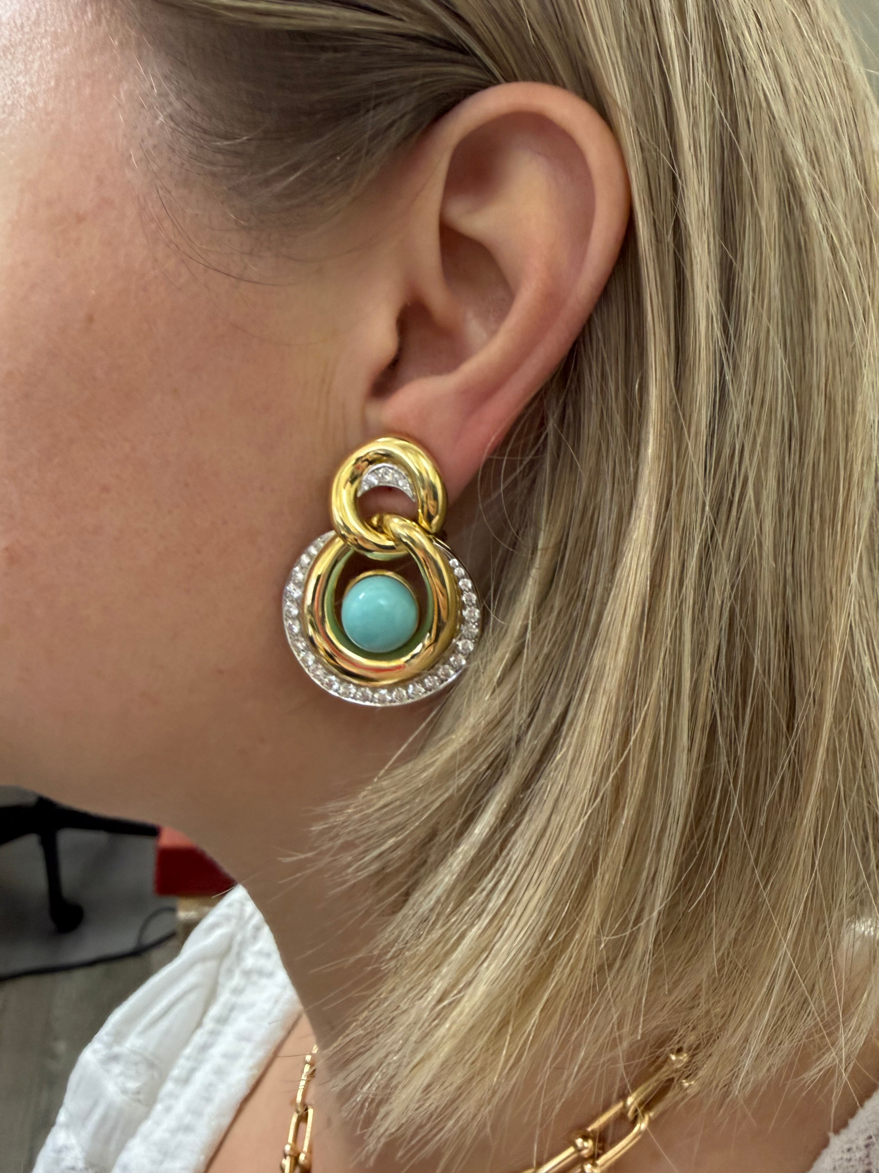 David Webb Turquoise Diamond Gold Platinum Oyster Earrings