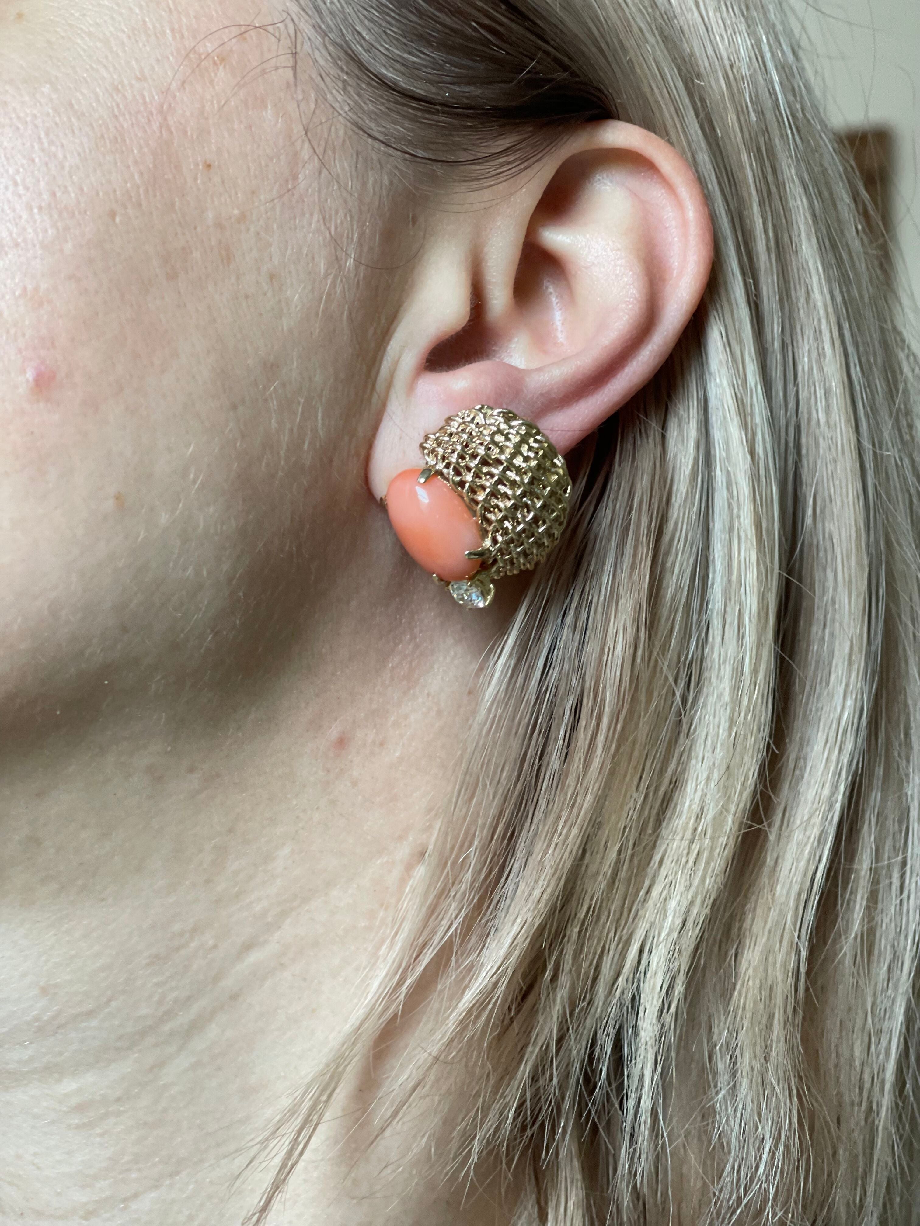 Seaman Schepps 1940s Basket Weave Coral Diamond Gold Earrings