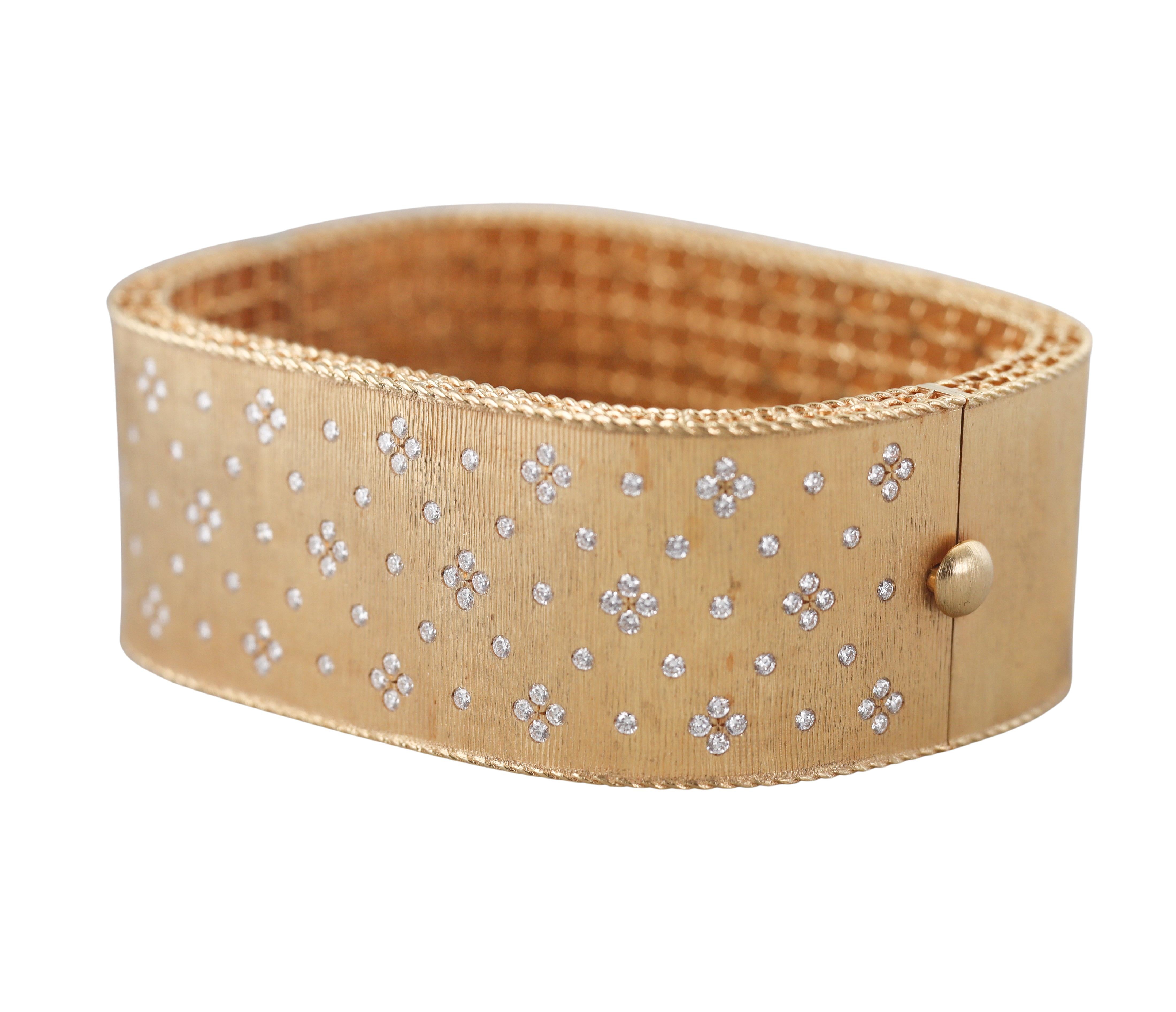 Roberto Coin Princess Satin Fleur de Lis Diamond Gold Wide Bangle Bracelet