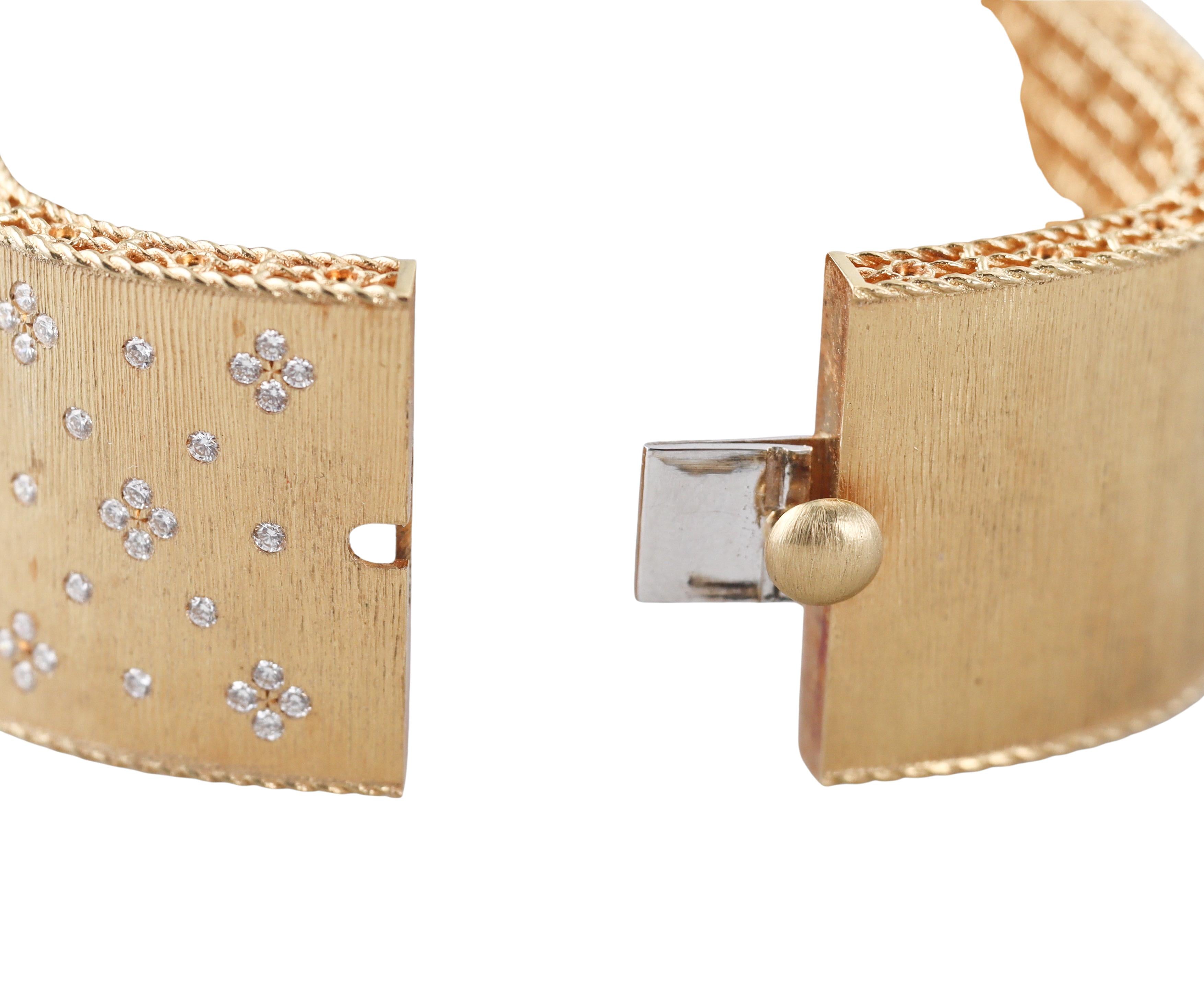 Roberto Coin Princess Satin Fleur de Lis Diamond Gold Wide Bangle Bracelet