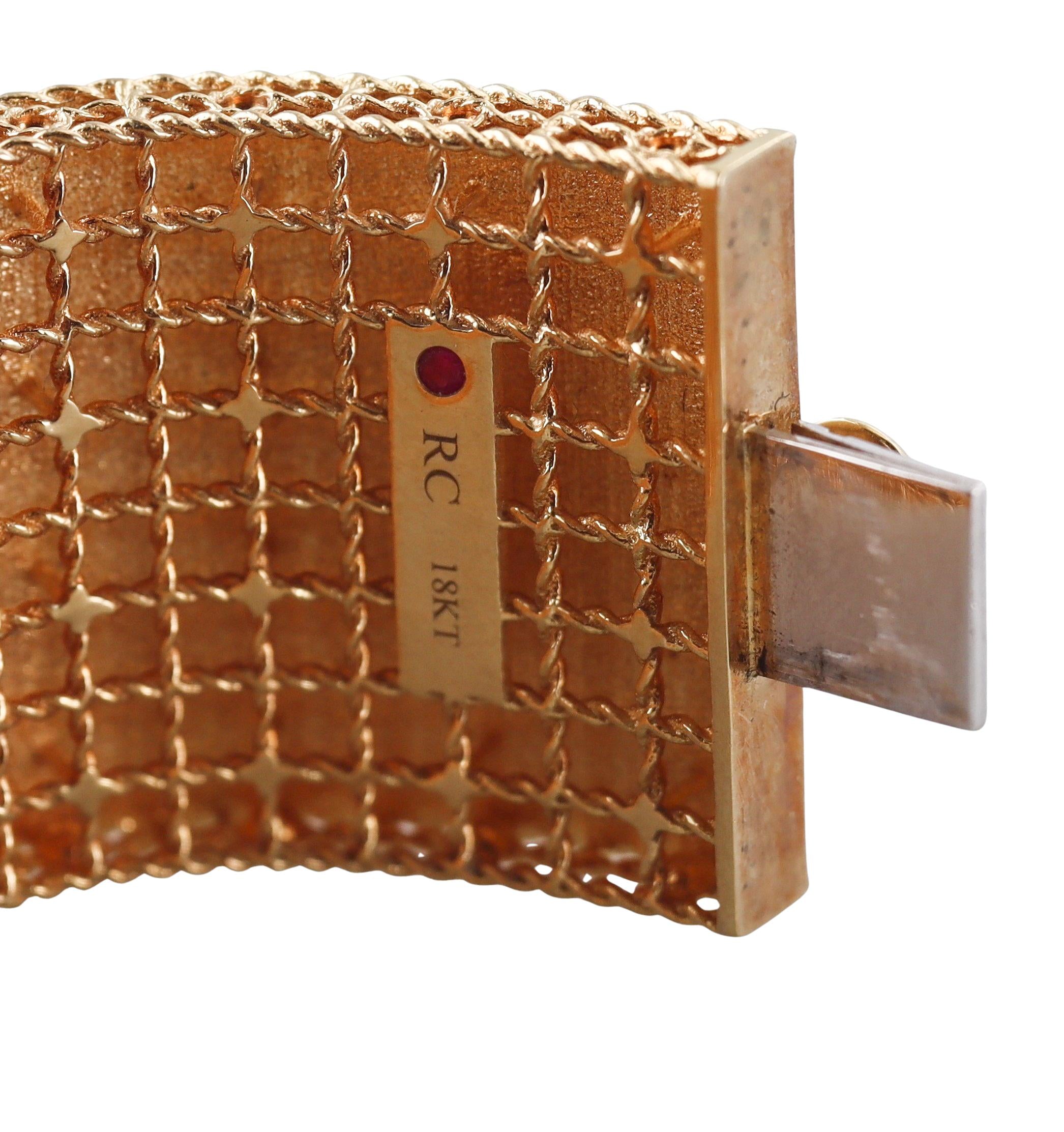 Roberto Coin Princess Satin Fleur de Lis Diamond Gold Wide Bangle Bracelet