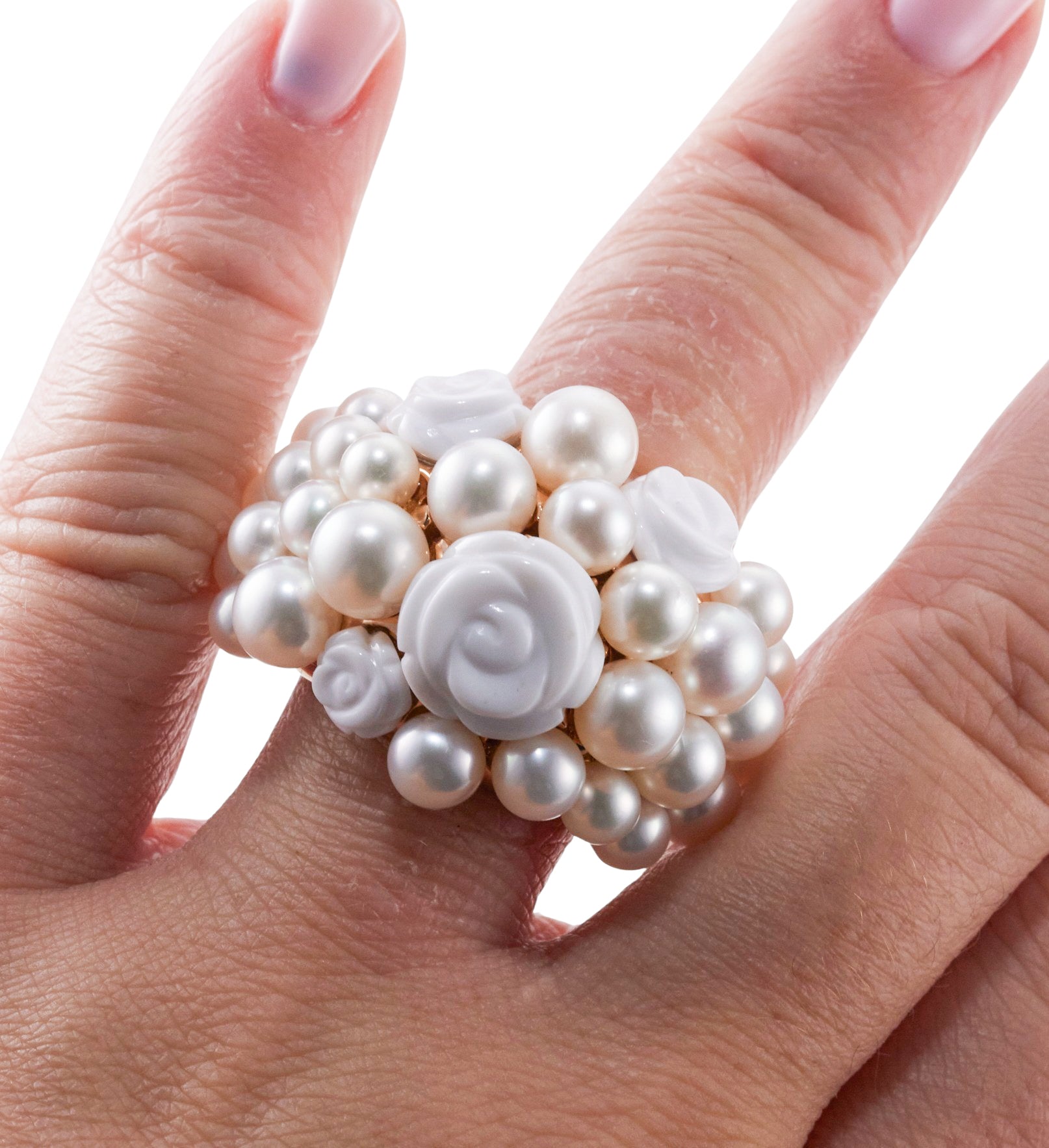 Mimi Milano Grace White Agate Pearl Rose Gold Dome Ring
