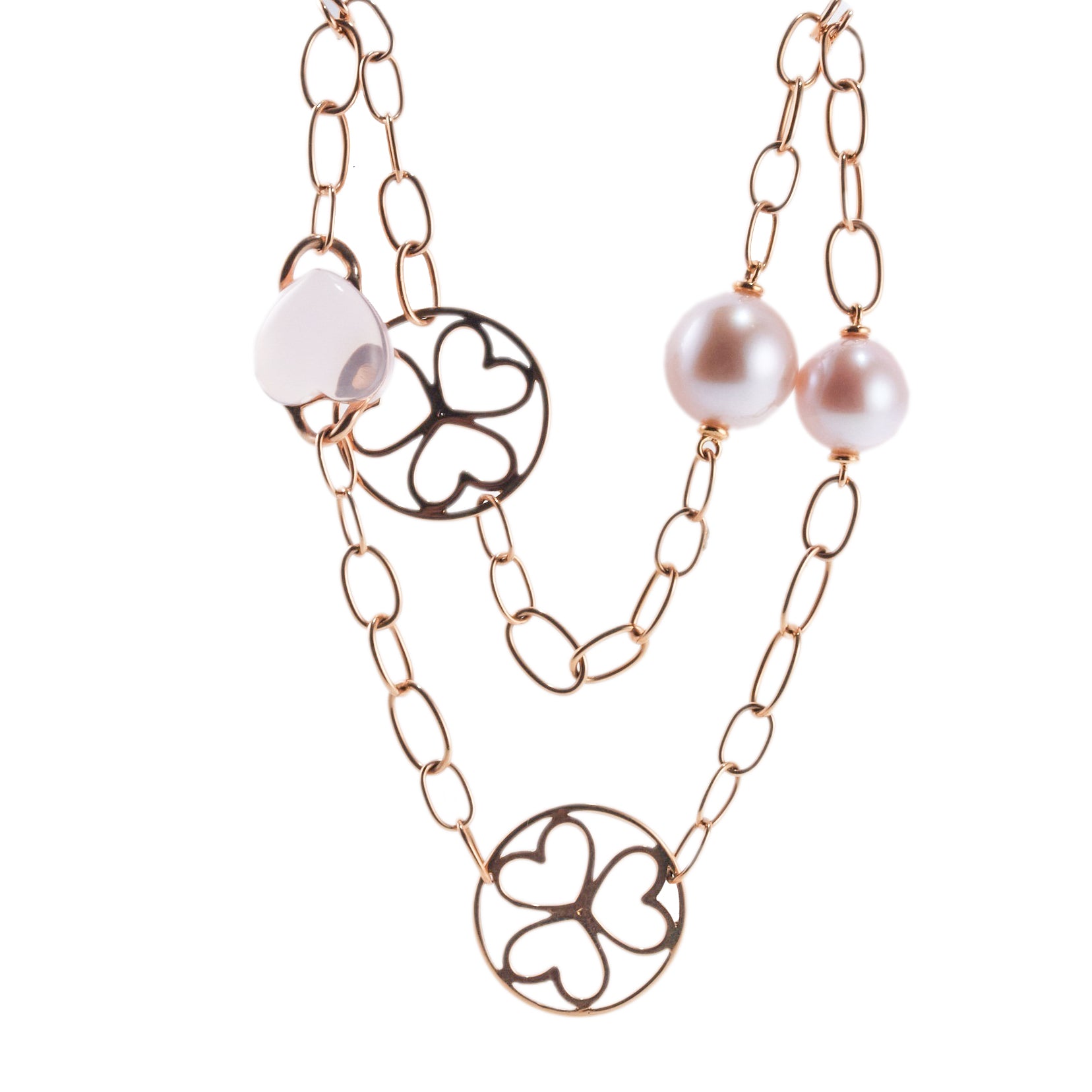 Mimi Milano Juliet Heart Rose Quartz Pearl Gold Station Necklace