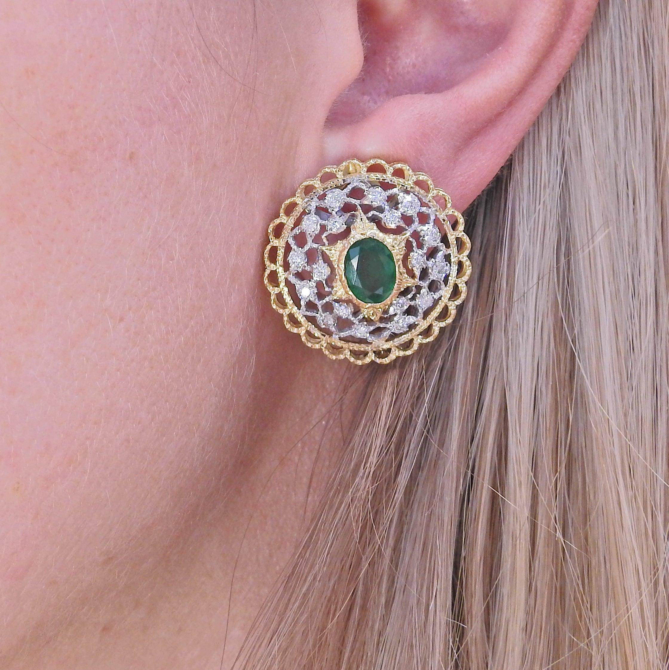 Mario Buccellati Emerald Diamond Gold Earrings