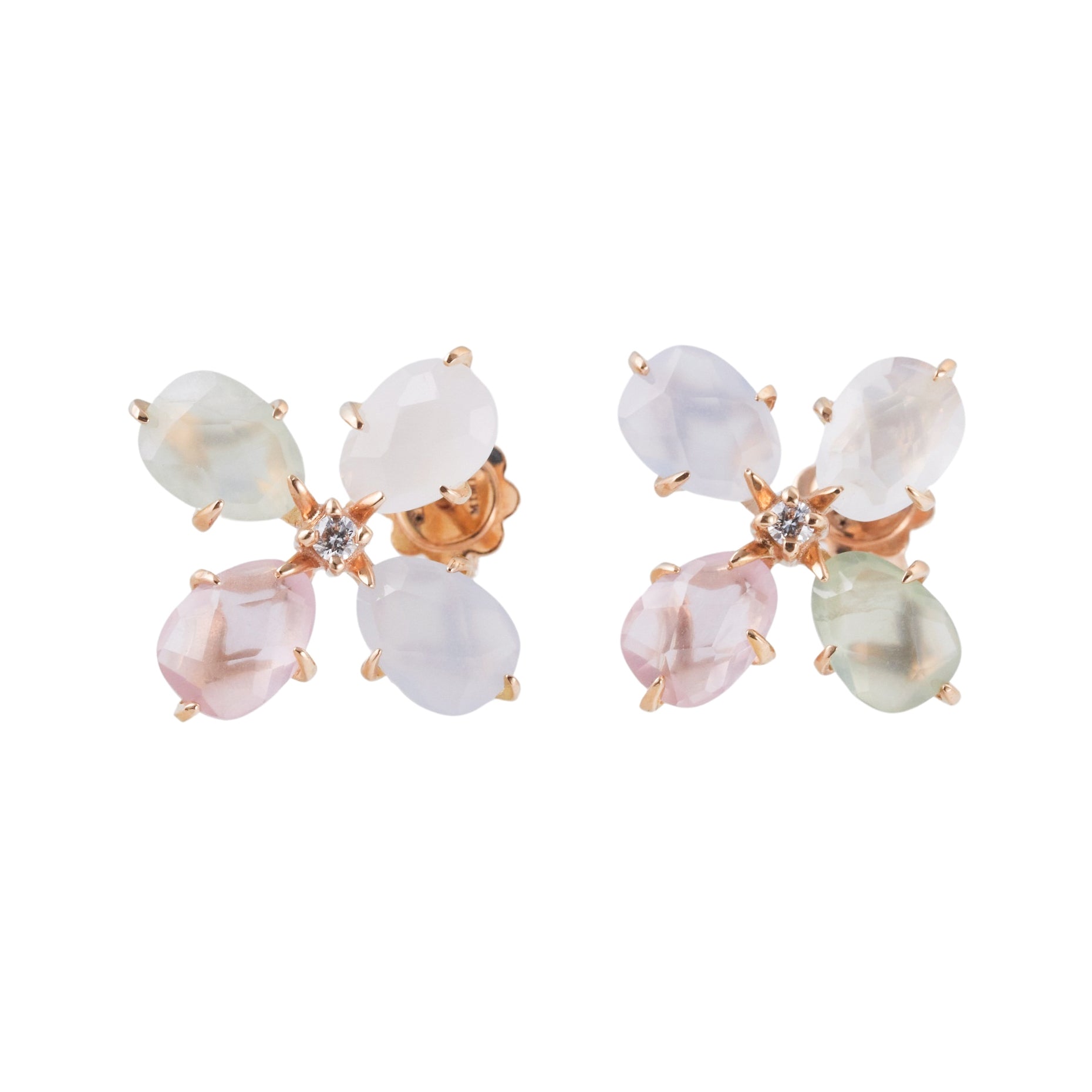 Mimi Milano Diamond Rose Quartz Prehnite Chalcedony Flower Gold Earrings