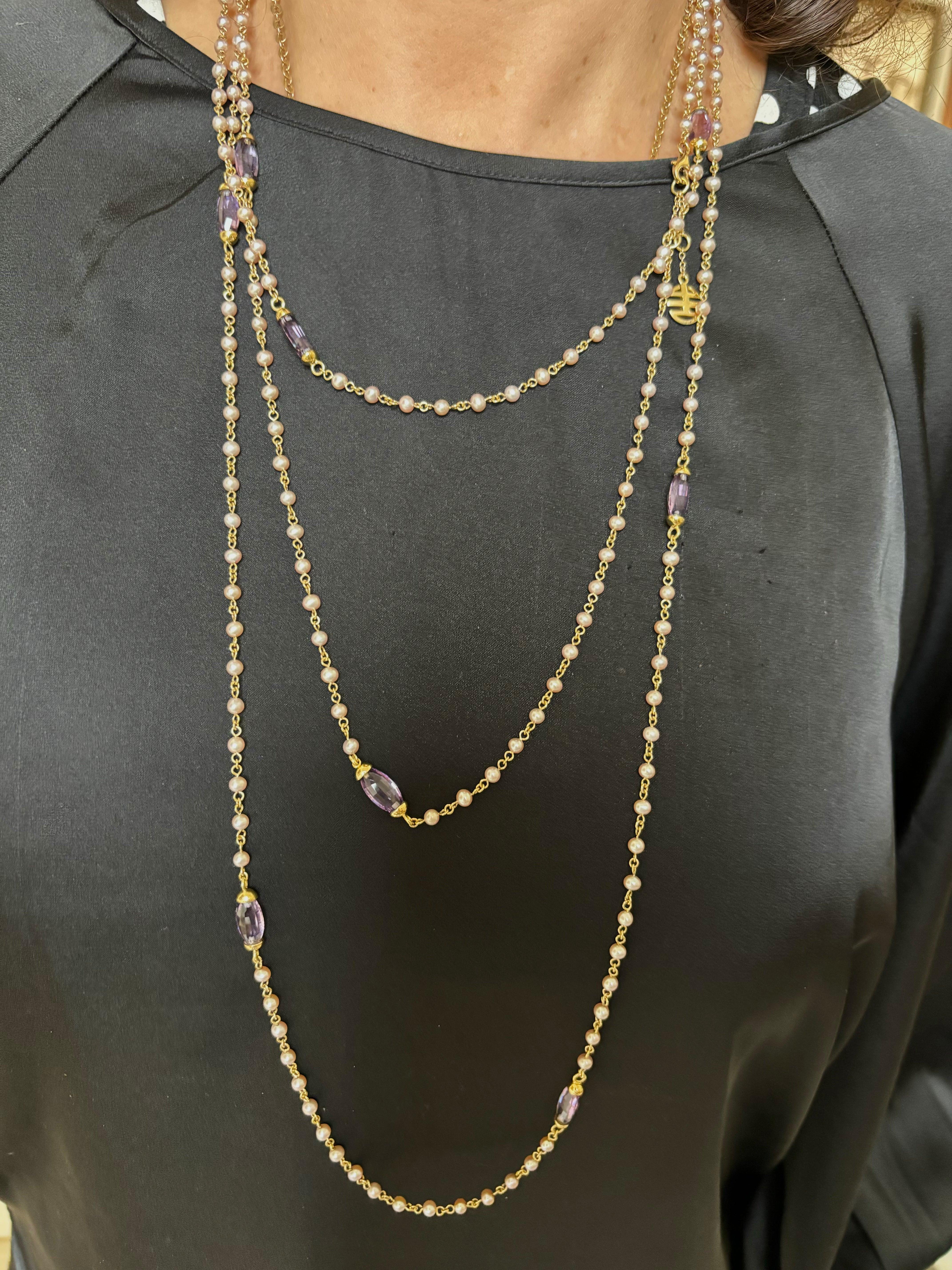 Mimi Milano Nagai 80" Pearl Amethyst Gold Necklace