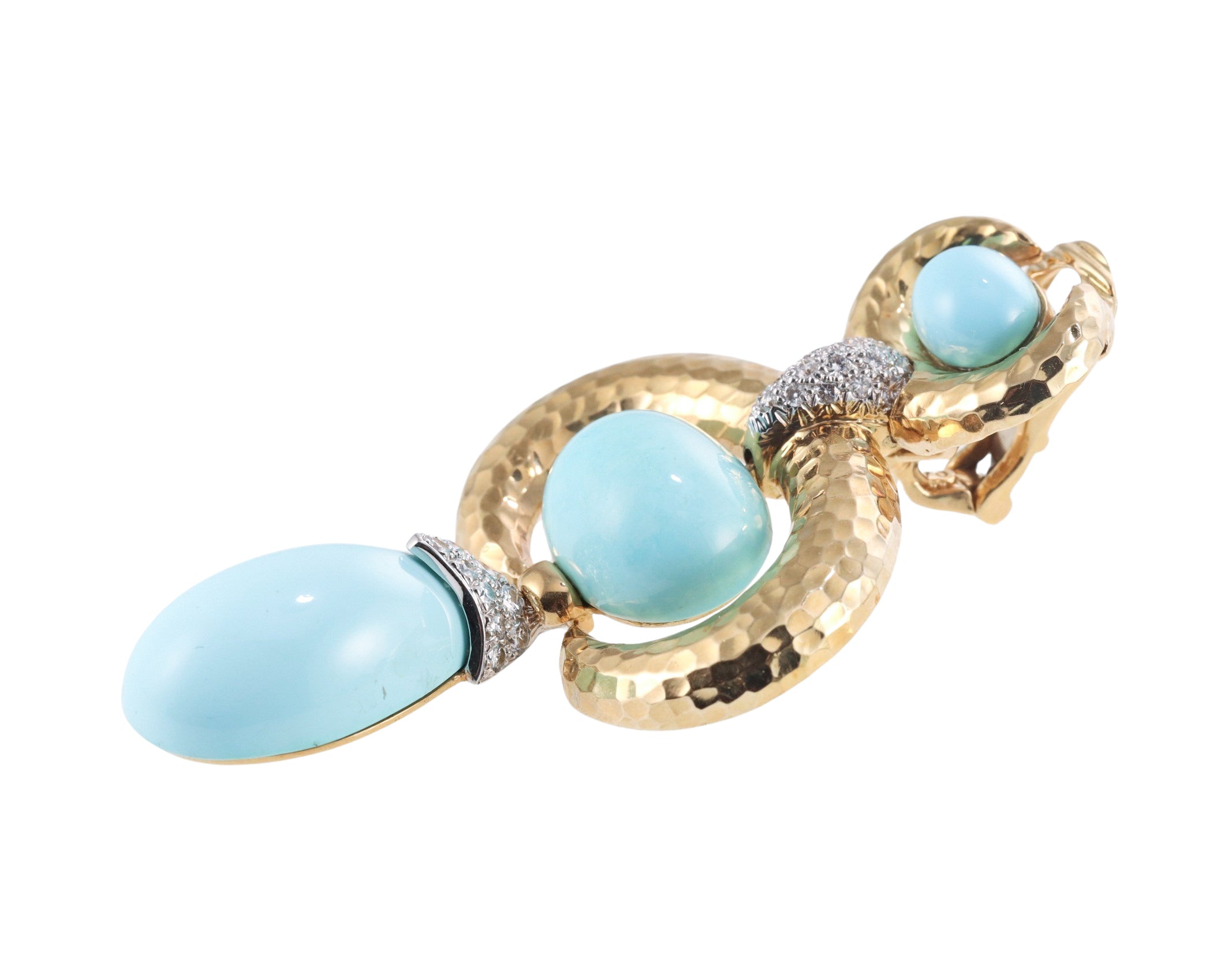 David Webb Diamond Turquoise Gold Platinum Double Crescent Pear Earrings