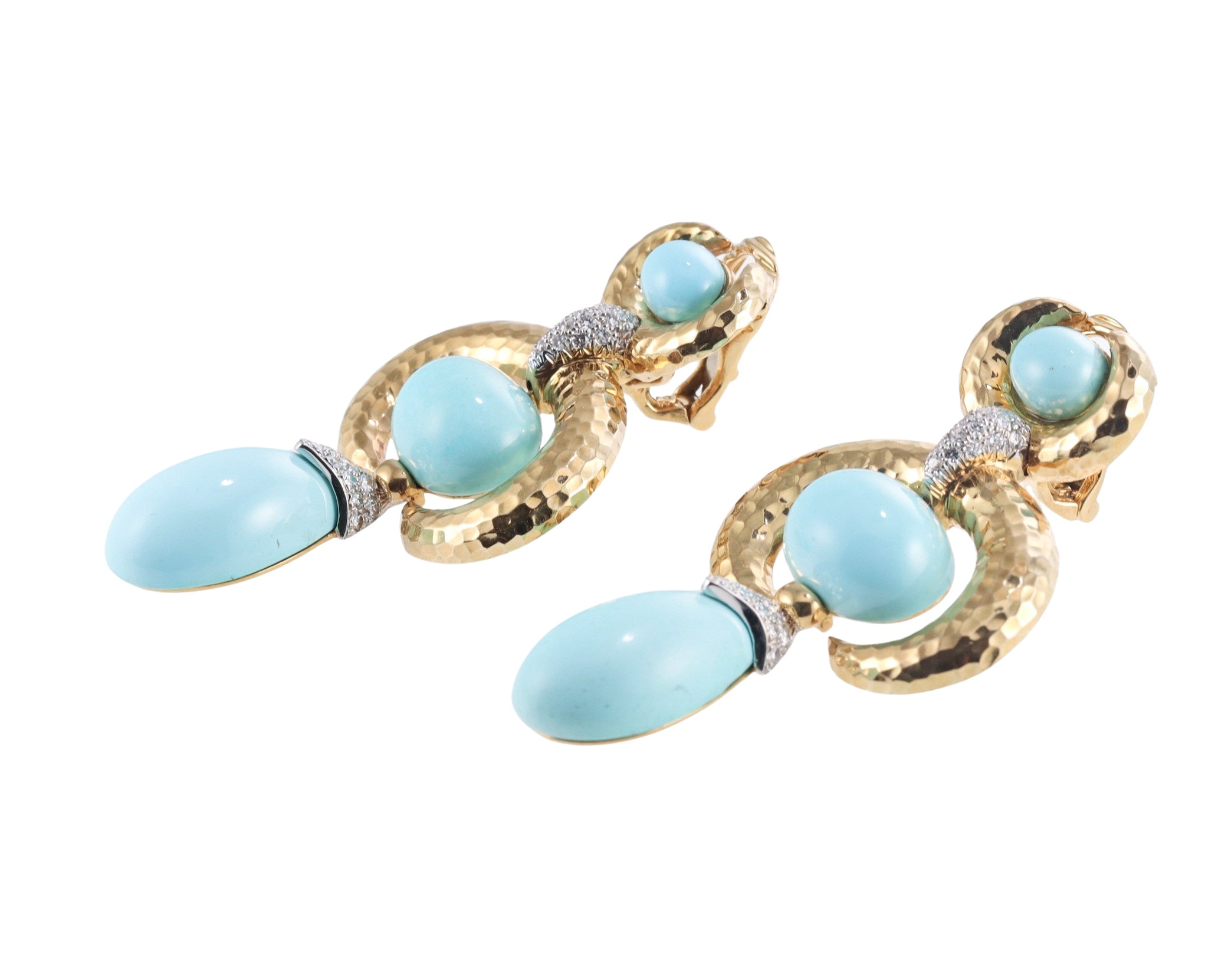 David Webb Diamond Turquoise Gold Platinum Double Crescent Pear Earrings