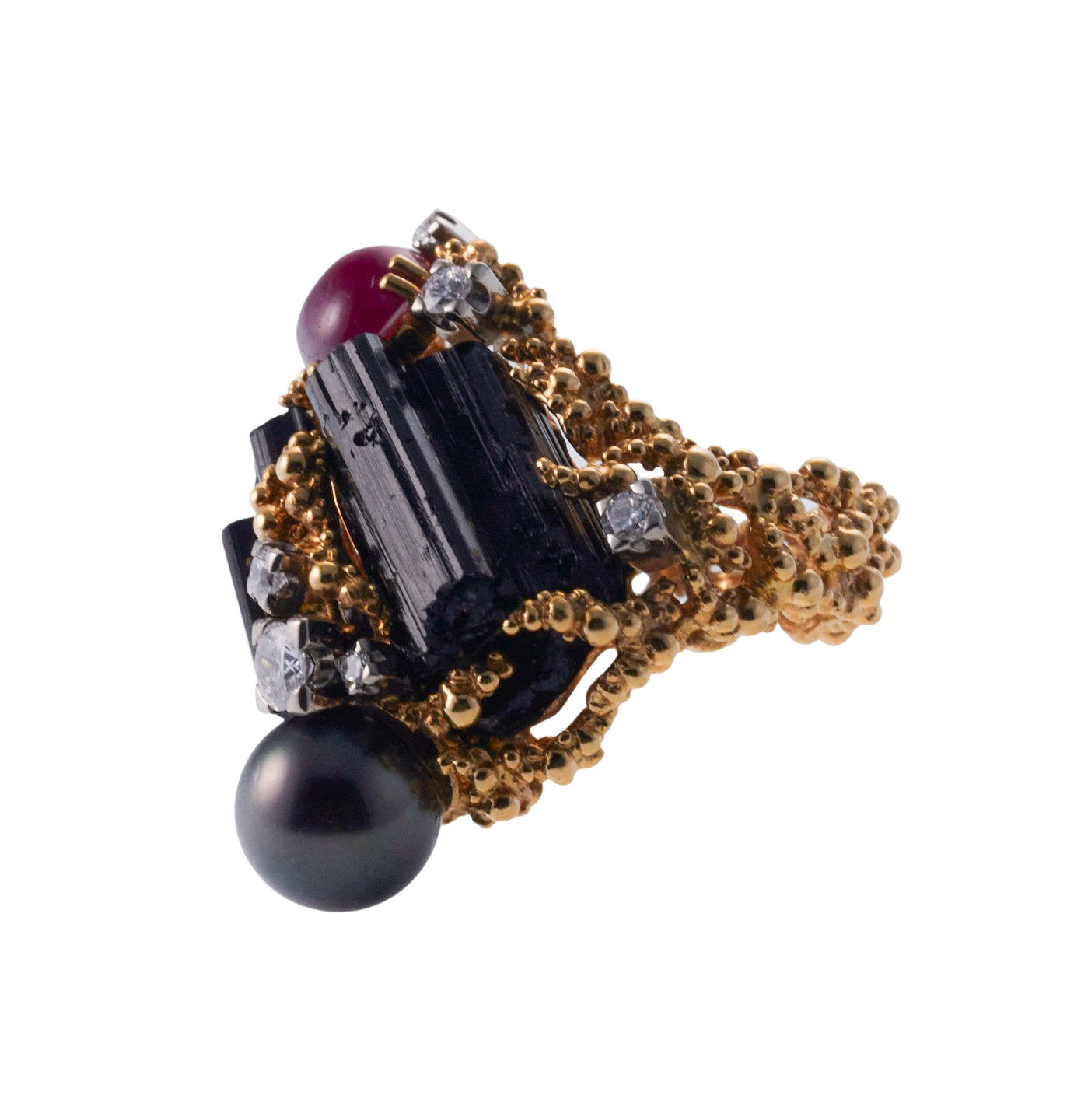 Gilbert Albert 1970s Tourmaline Pearl Diamond Ruby Gold Ring